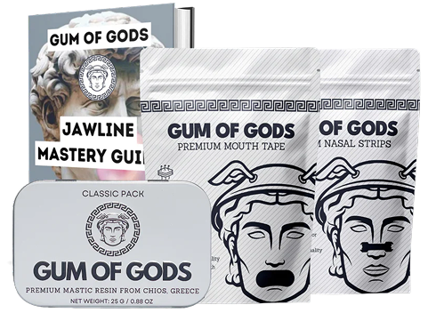 Gum of Gods products including packets, tin, and Jawline Mastery Guide.