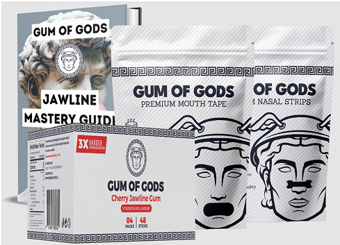 Packaging of 'Gum of Gods' products featuring gum, nasal strips, and mouth tape.