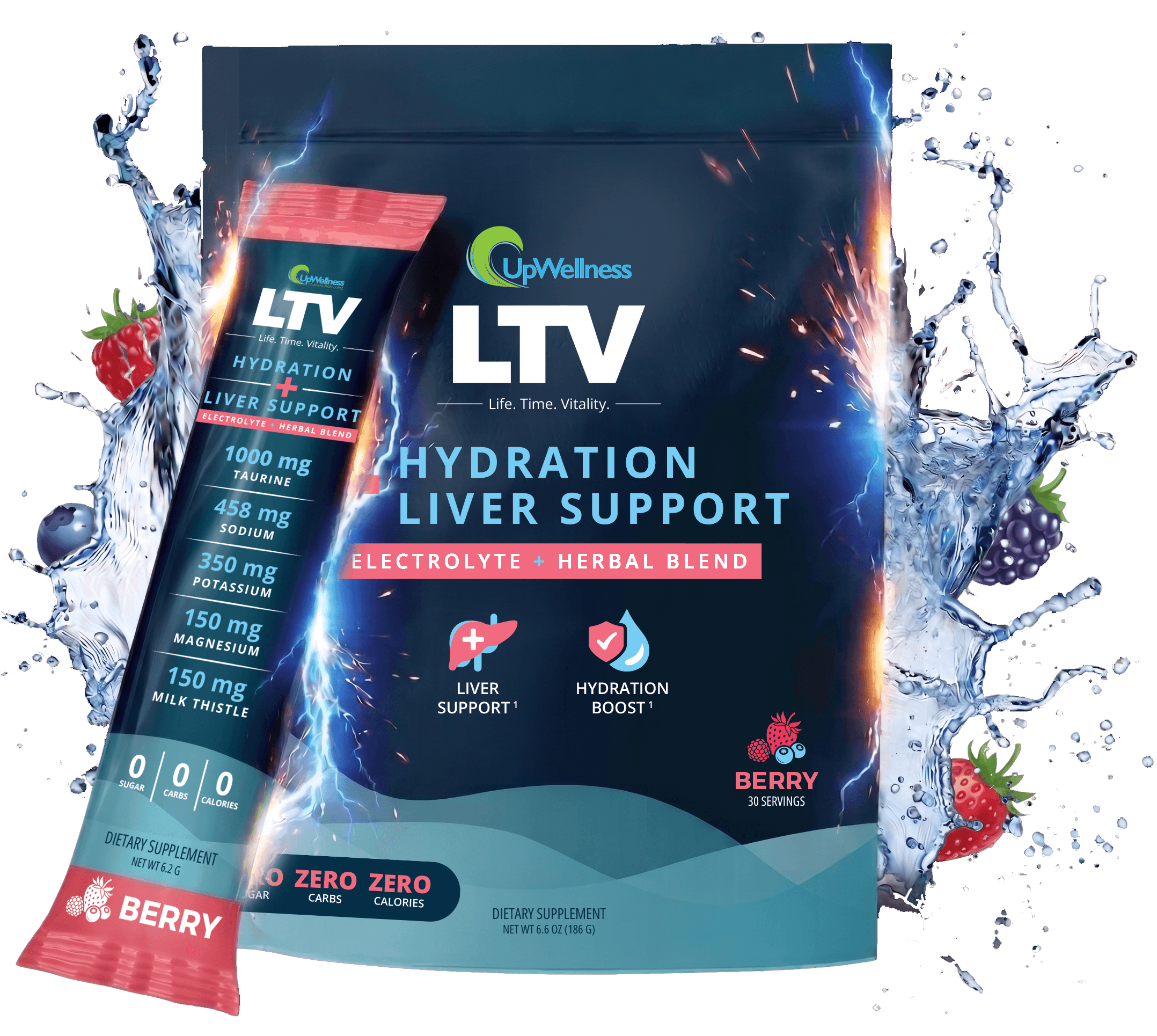 A bottle of UpWellness ultra liver supplement surrounded by ingredients like artichokes, beets, mushrooms, and dandelions.