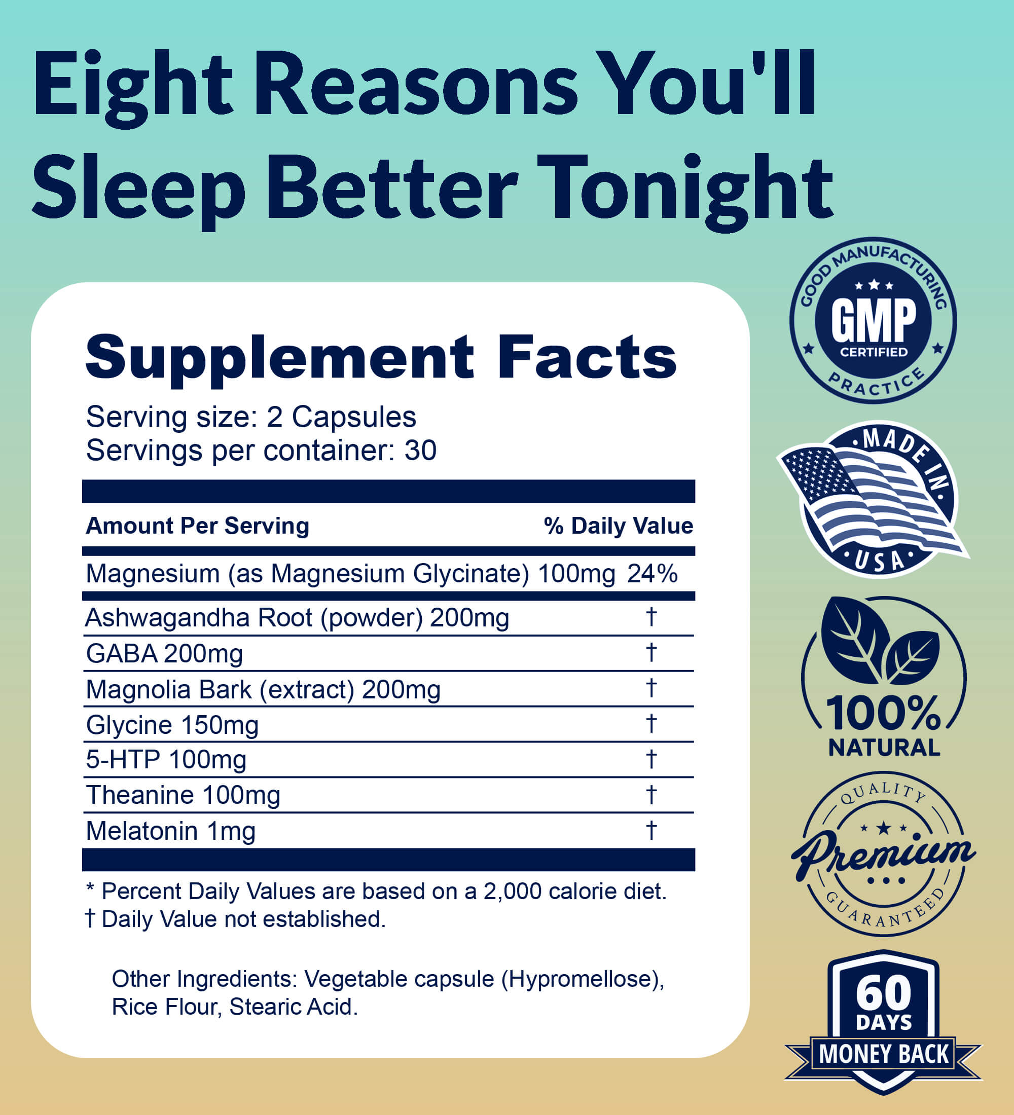 The supplement facts label for a minerals and botanicals product, with quality guarantee seals.