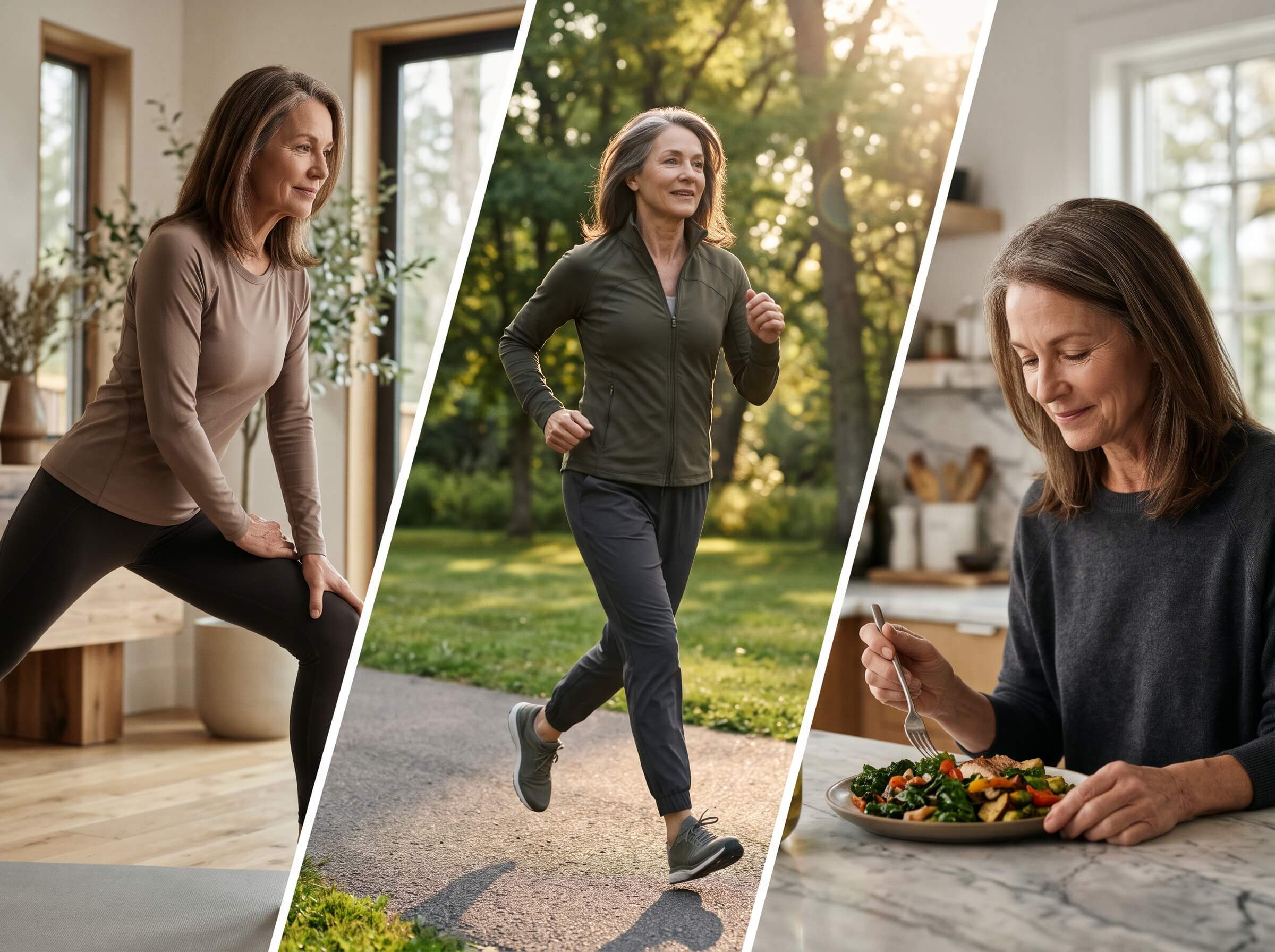 A collage showing a woman stretching indoors, jogging outdoors, and eating a healthy meal.