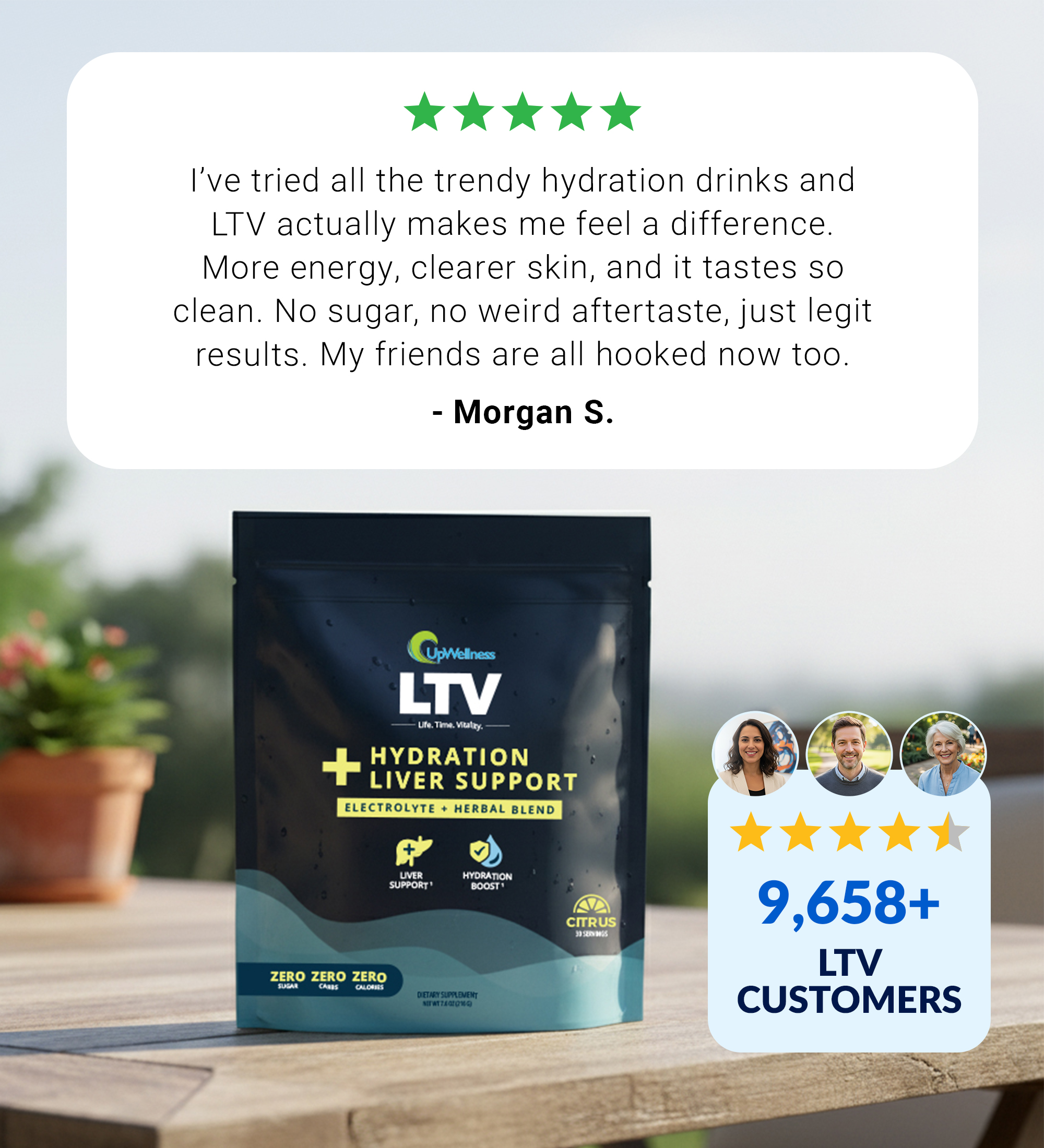 Product package with text overlay and customer reviews.