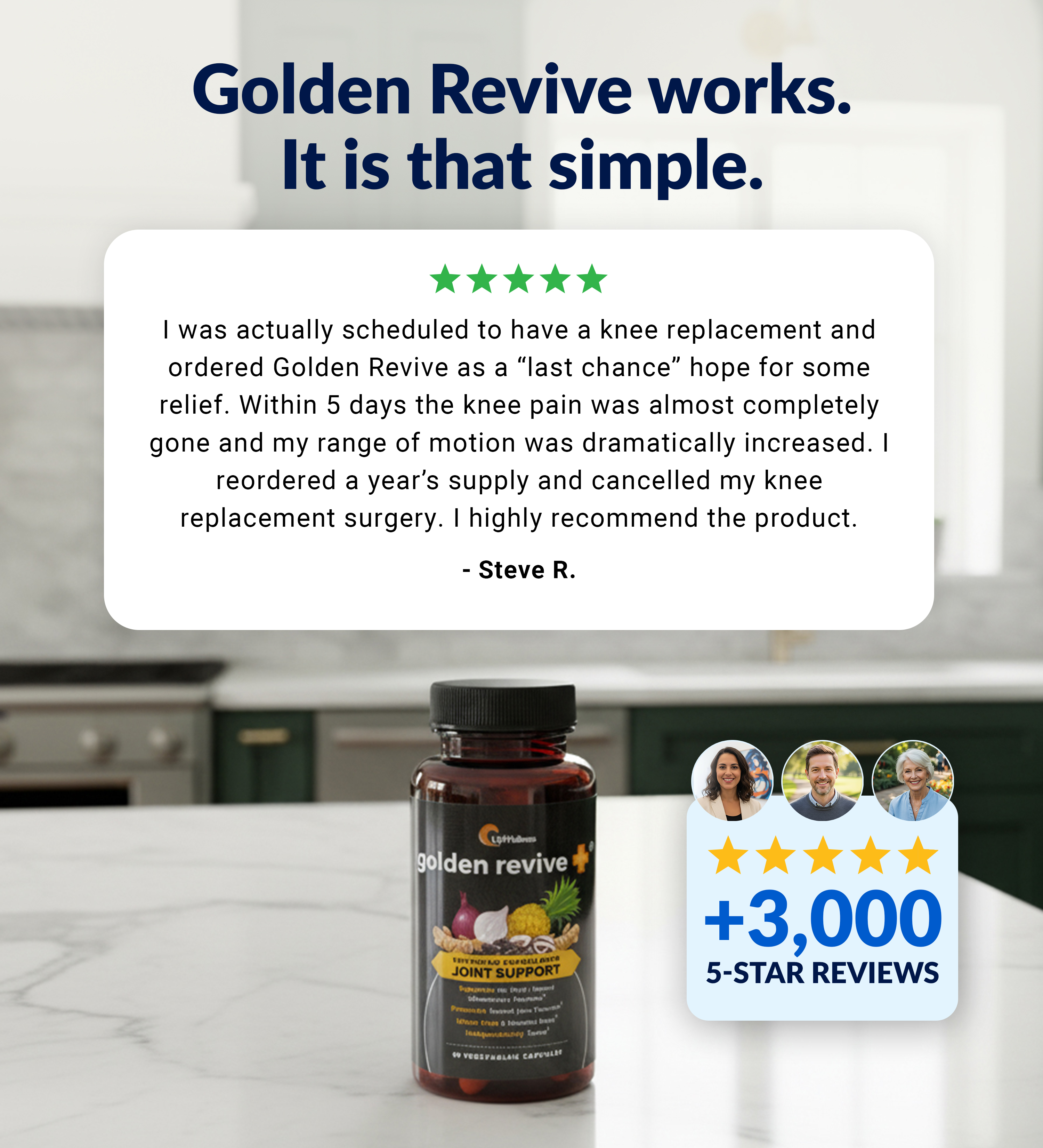 Image of supplement bottle with testimonial and 5-star reviews.