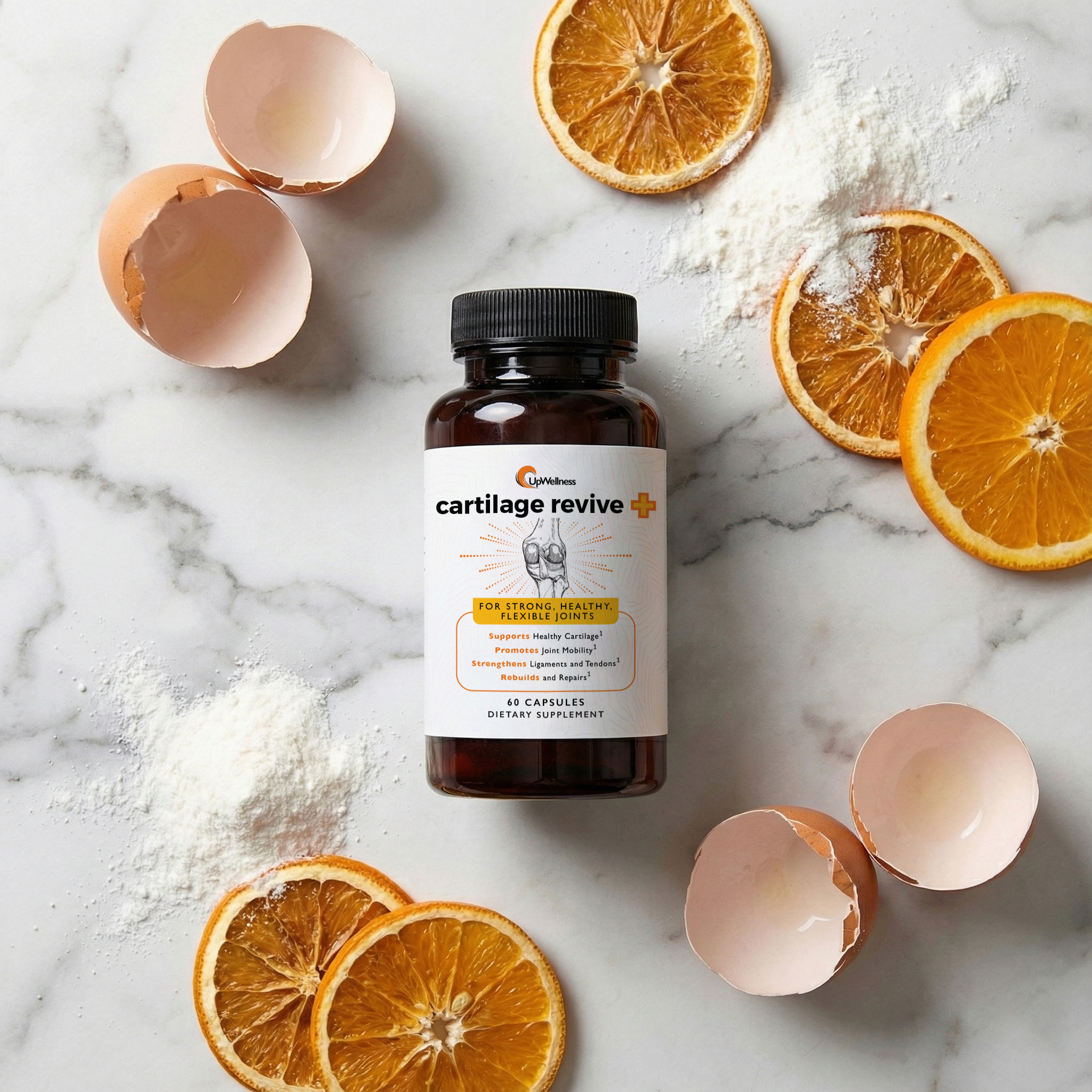 A bottle of Cartilage Revive supplement next to an eggshell and orange slices on a geometric background.