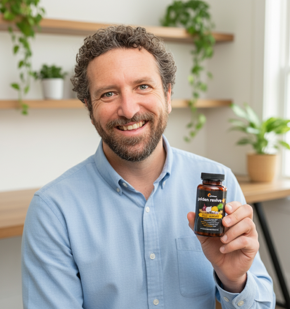 Person holding a bottle of supplements, smiling, with plants in the background.
