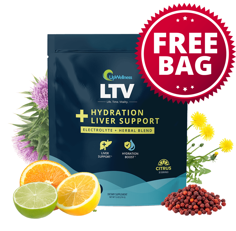A pouch of UpWellness LTV Hydration Liver Support supplement surrounded by citrus fruits, flowers, and berries.