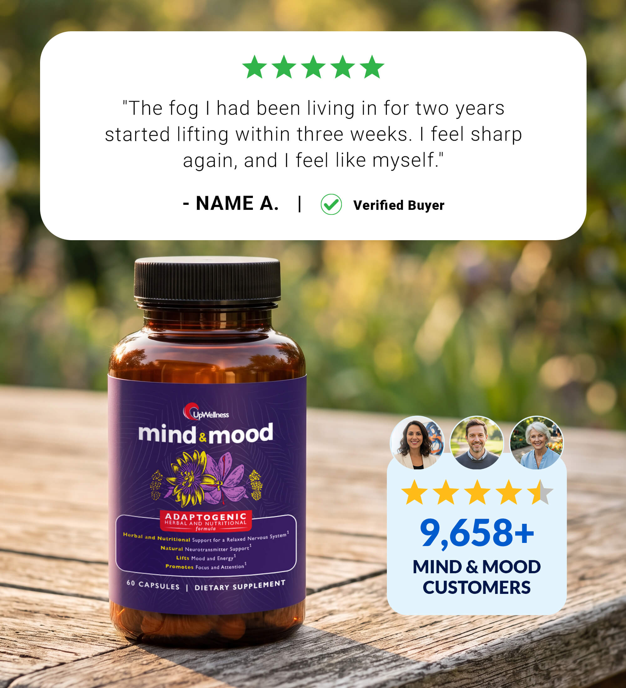 A bottle of Mind & Mood supplement sits on a wooden surface with positive customer reviews and ratings.