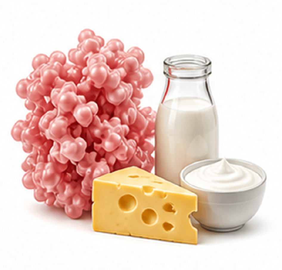 A pink molecular model next to a bottle of milk, a wedge of cheese, and a bowl of yogurt.