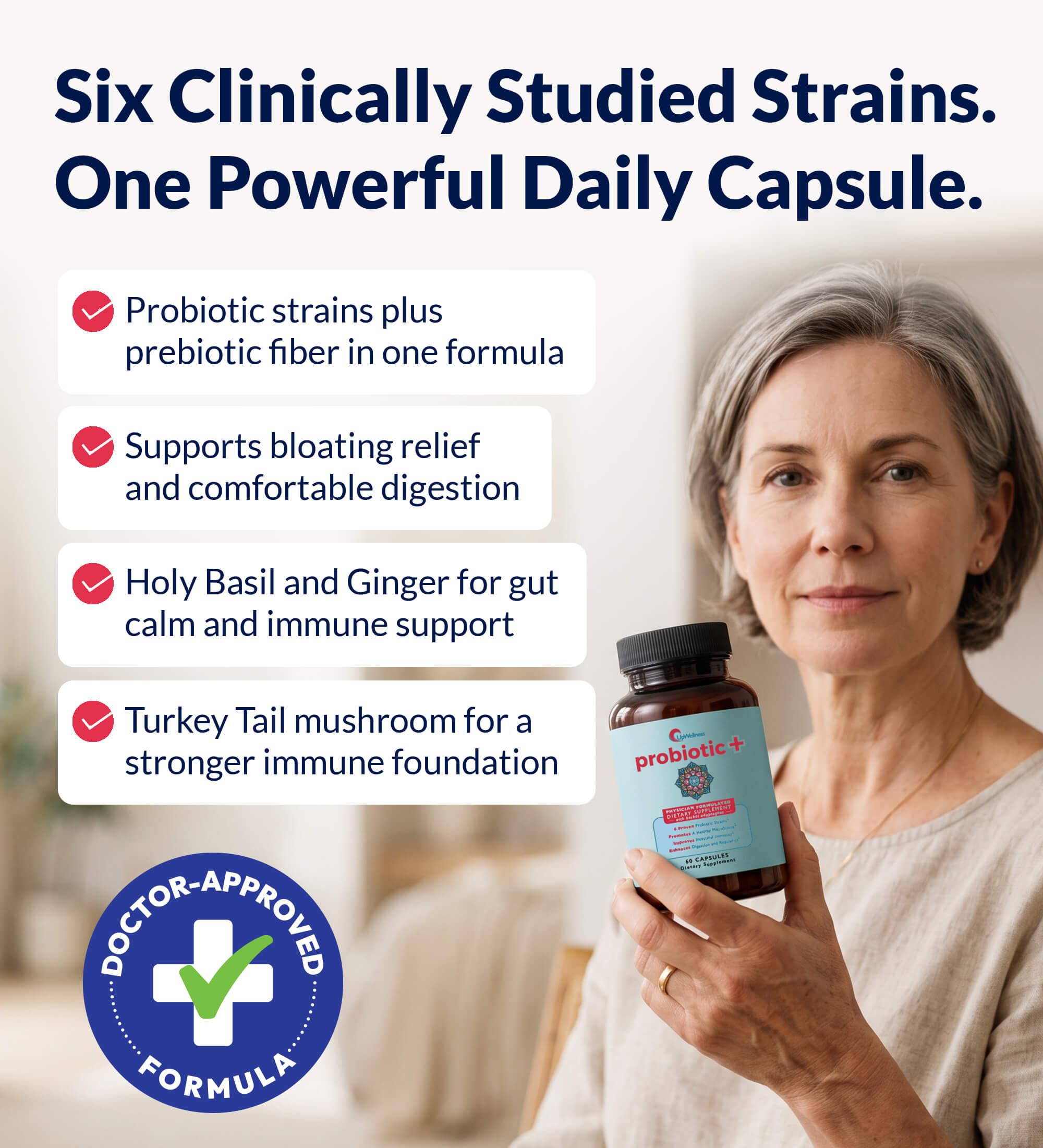 A woman holds a bottle of probiotic+ supplements in an advertisement for gut health benefits.