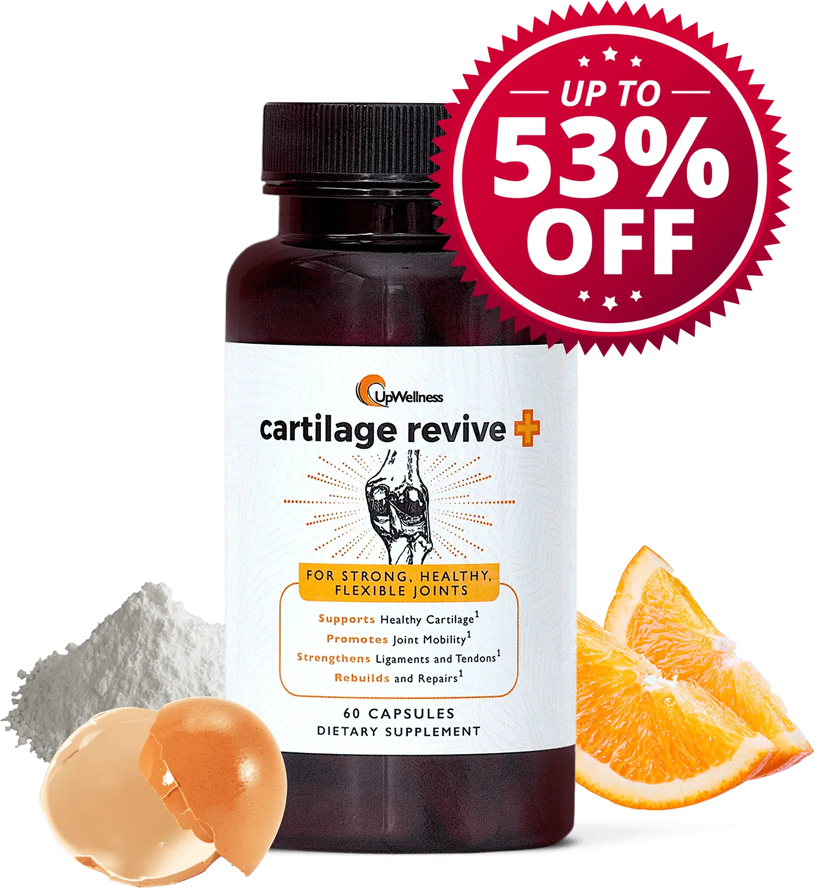 A bottle of UpWellness Cartilage Revive supplement, surrounded by an eggshell, white powder, and orange slices.