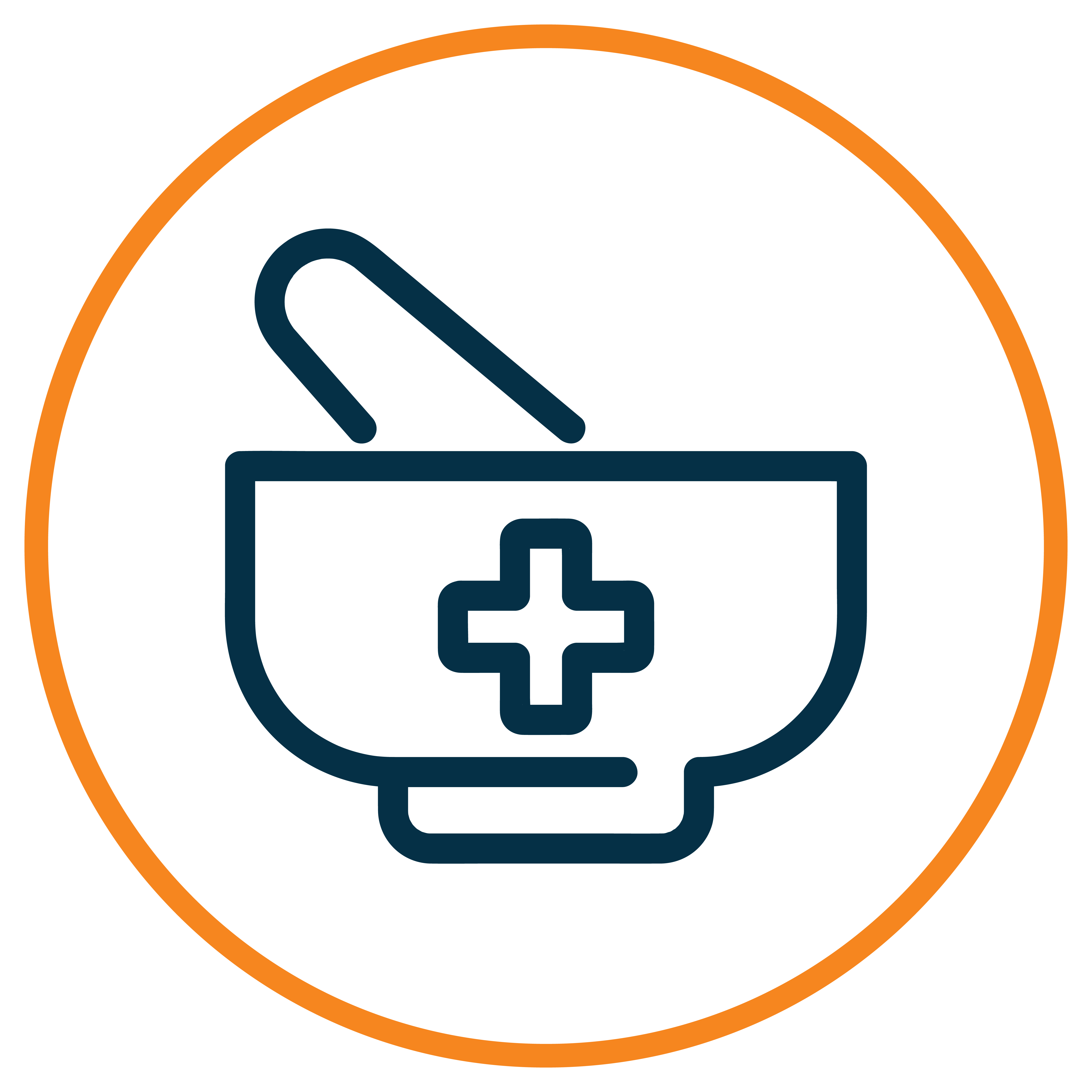 Outlined mortar and pestle with a cross inside an orange circle.