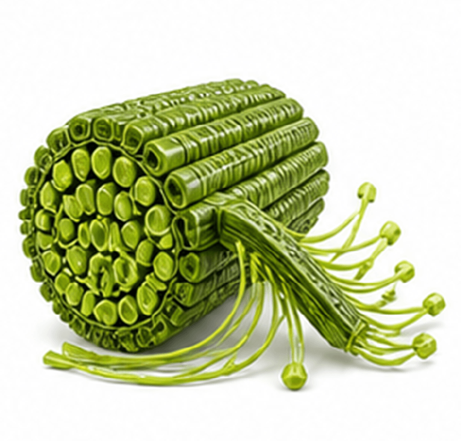 An abstract, cylindrical bundle of green, plant-like stalks with thin tendrils extending from one side.