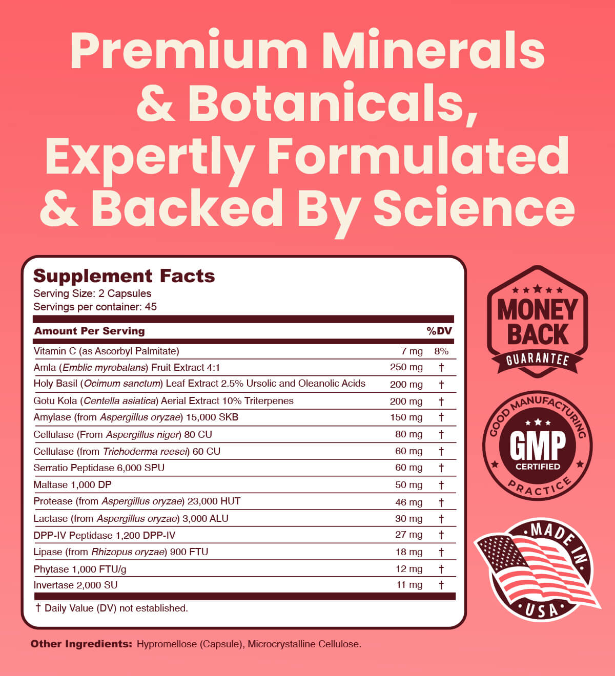 The supplement facts label for a minerals and botanicals product, with quality guarantee seals.