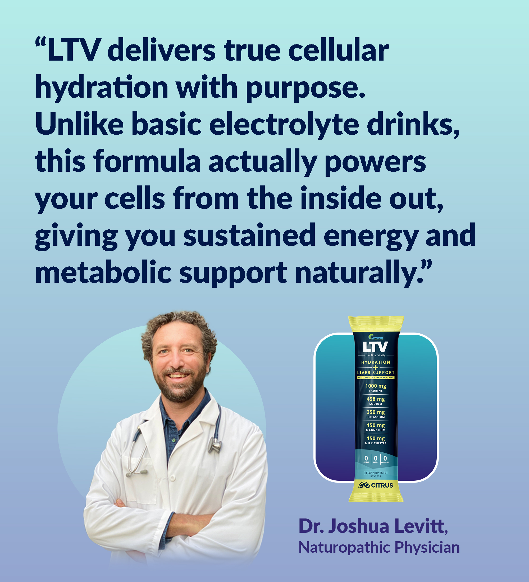 Promotional image of Dr. Joshua Levitt with a packet of LTV Hydration + Liver Support supplement.