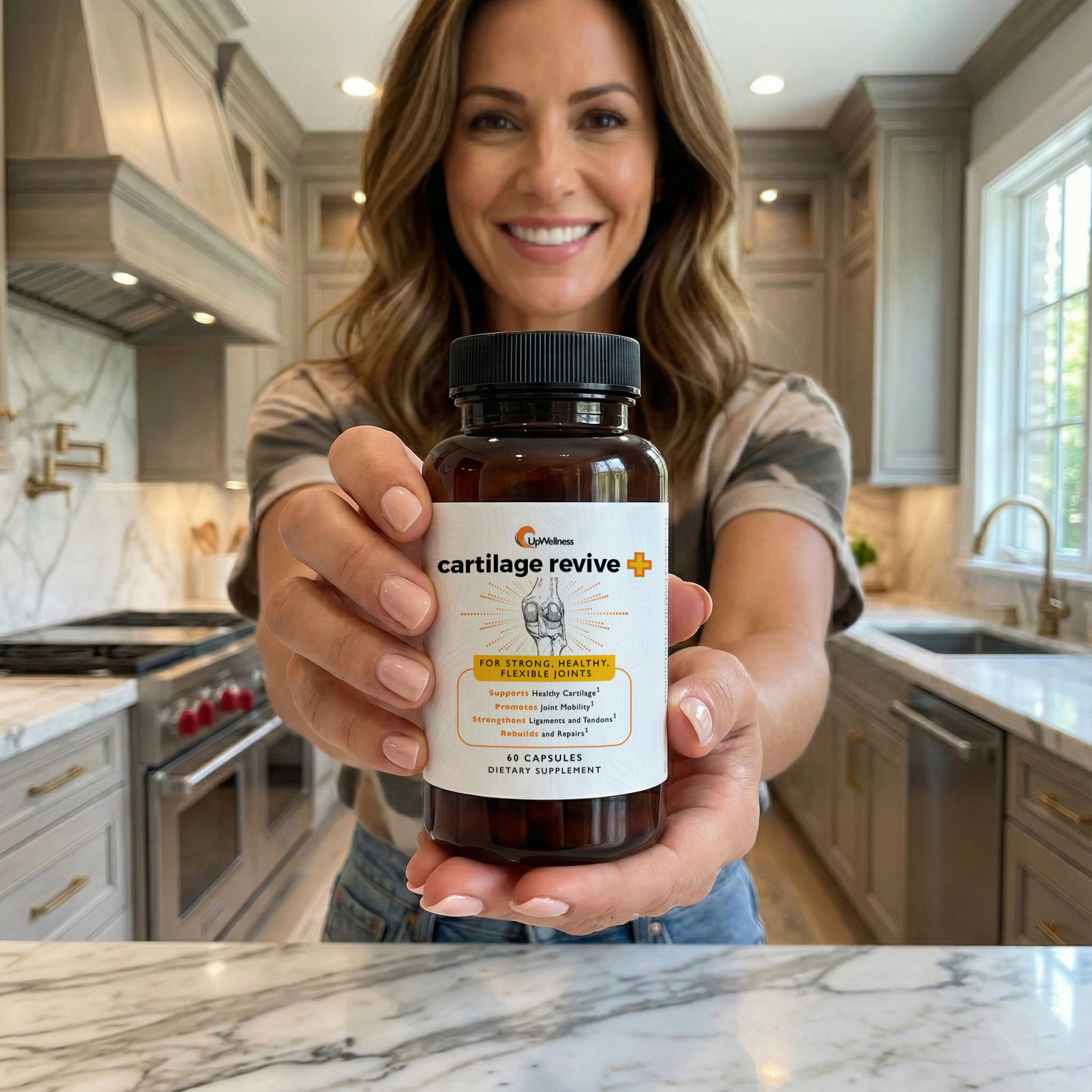 Woman holding supplement bottle with ingredients on kitchen counter.