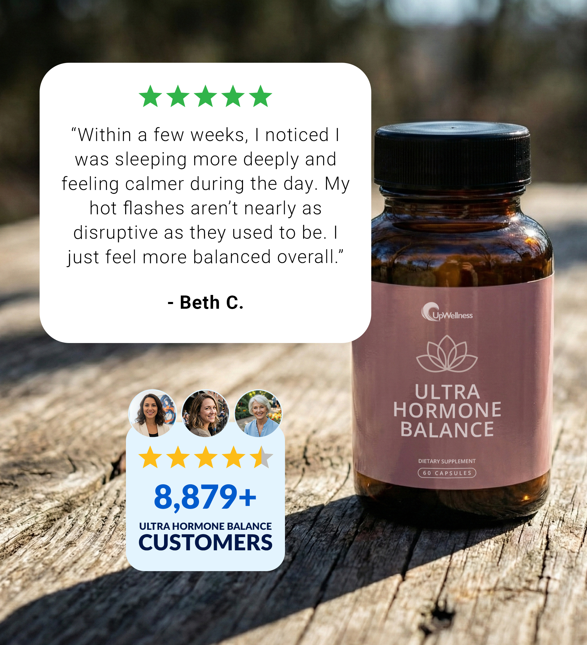 Bottle of Ultra Hormone Balance with customer testimonial and rating.