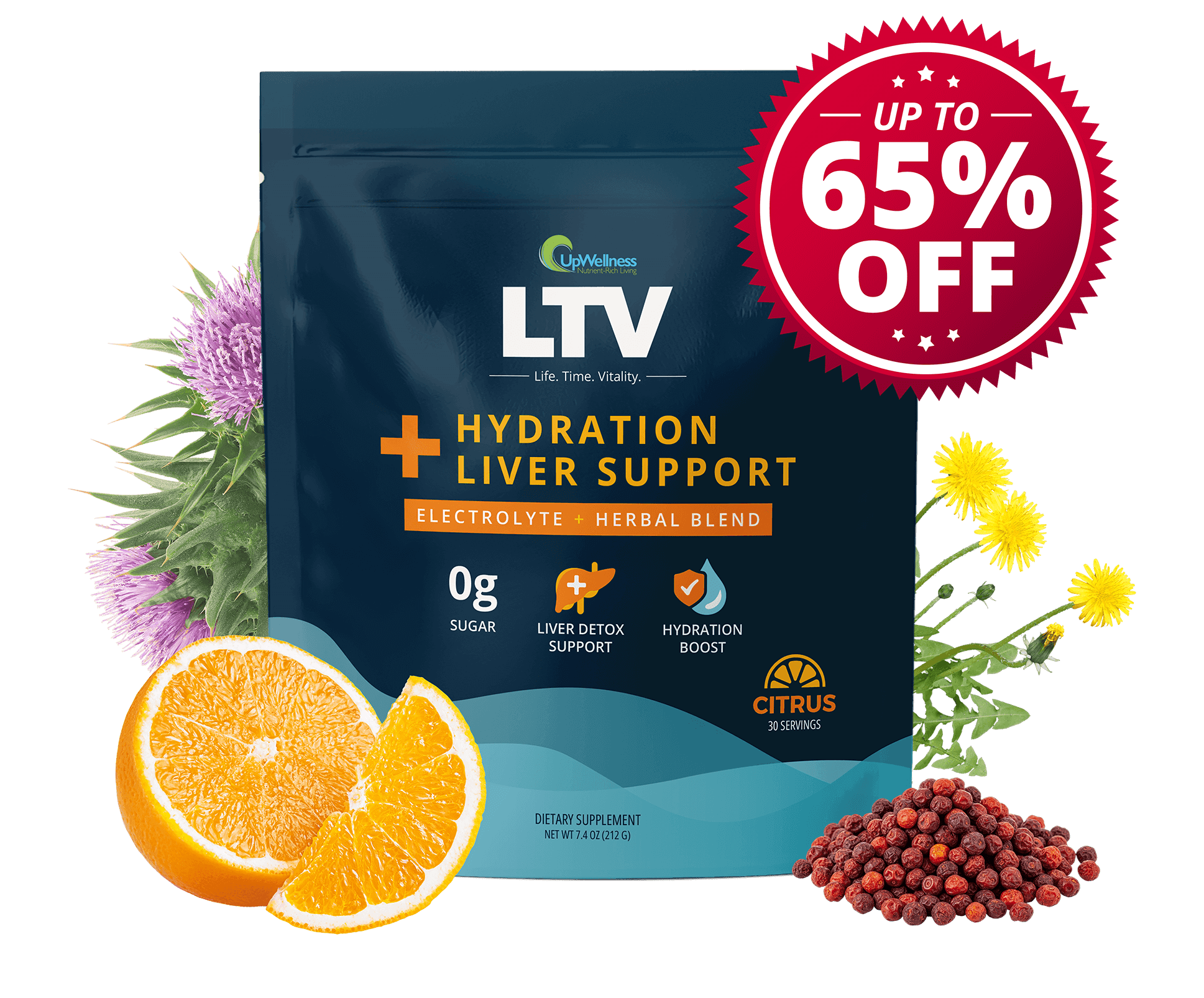 Package and sachet of hydration liver support supplement with powder on a blue background.