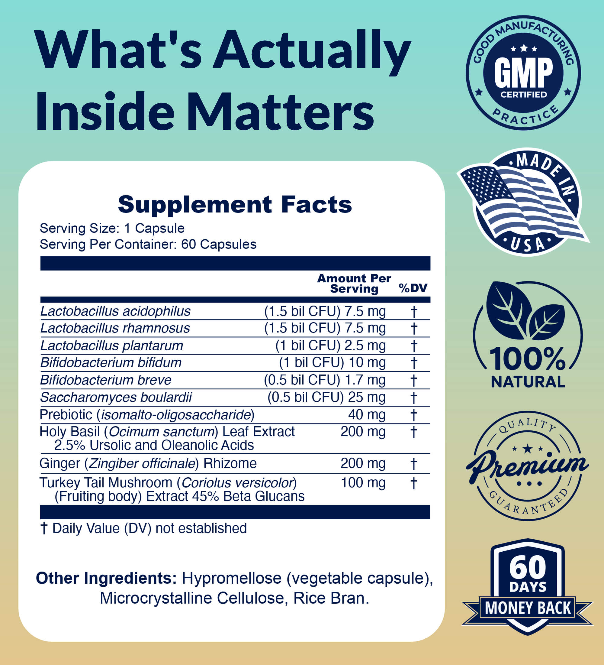 The supplement facts label for a dietary product, listing its ingredients, serving size, and quality badges.