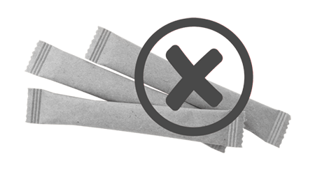 Three gray sugar packets crossed out with a large X symbol.