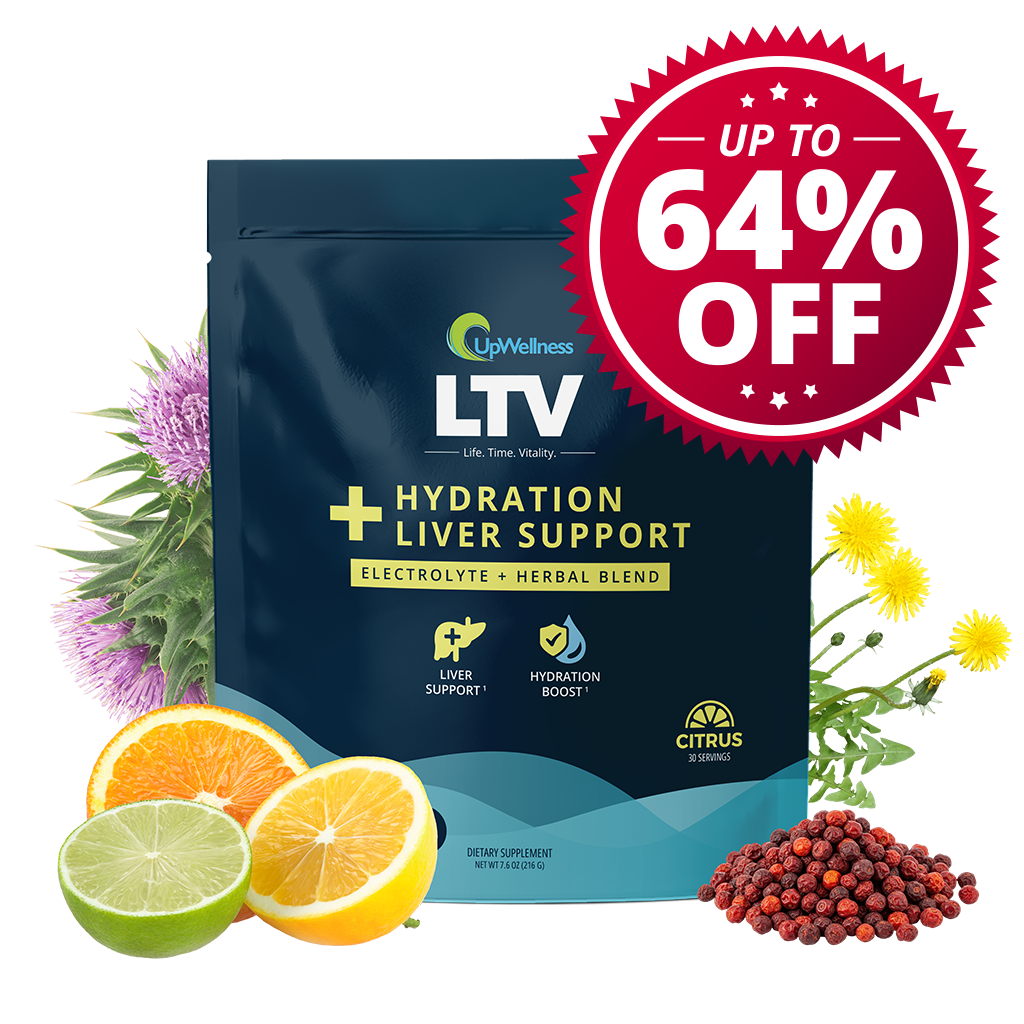 A pouch of UpWellness LTV Hydration Liver Support supplement surrounded by citrus fruits, flowers, and berries.