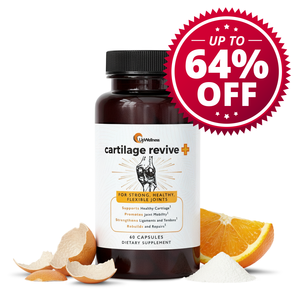 Dietary supplement bottle with orange segments and powder, showing 64% discount badge.