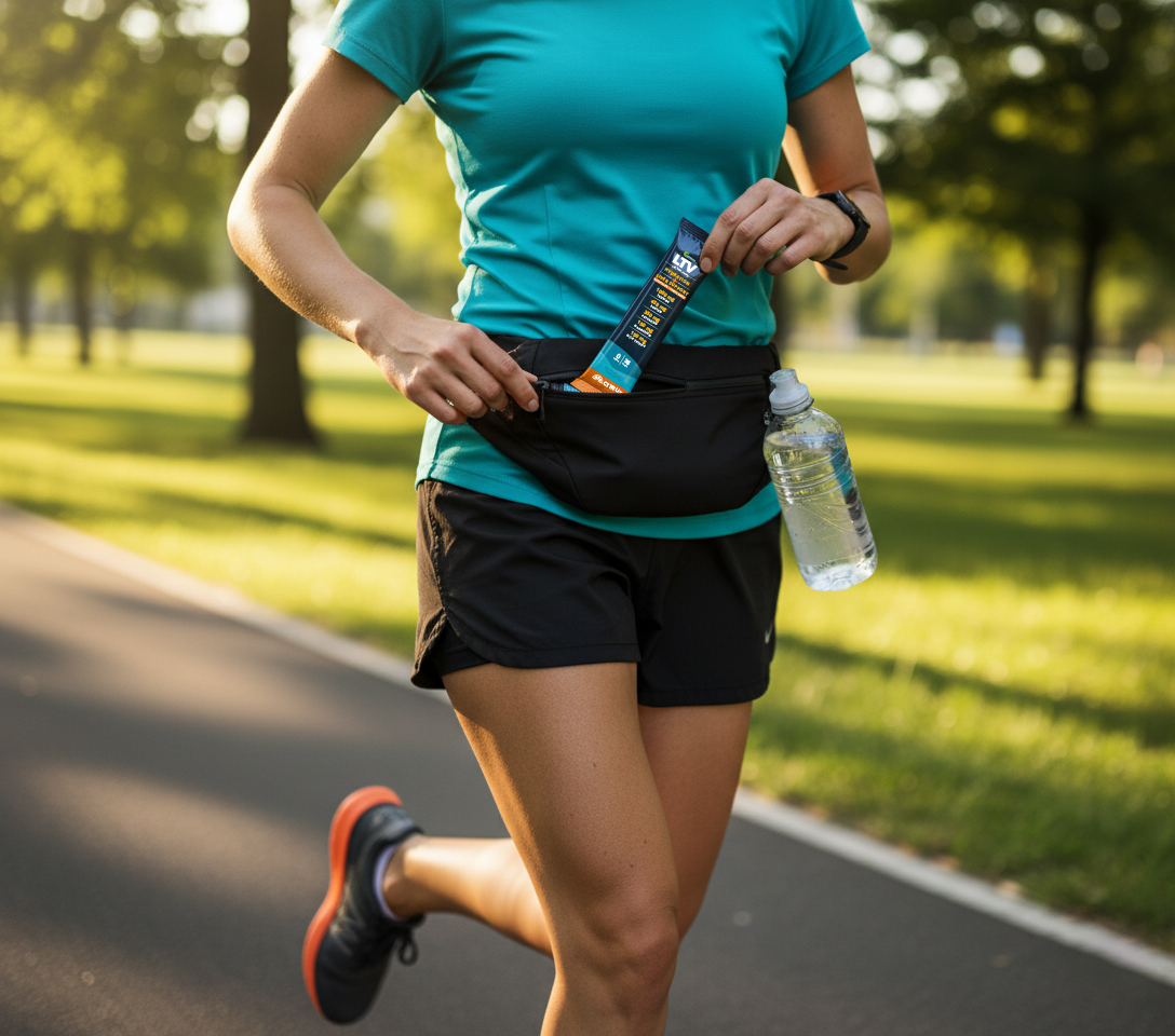 Hydration liver support supplement on wooden surface, person with surfboard in background.