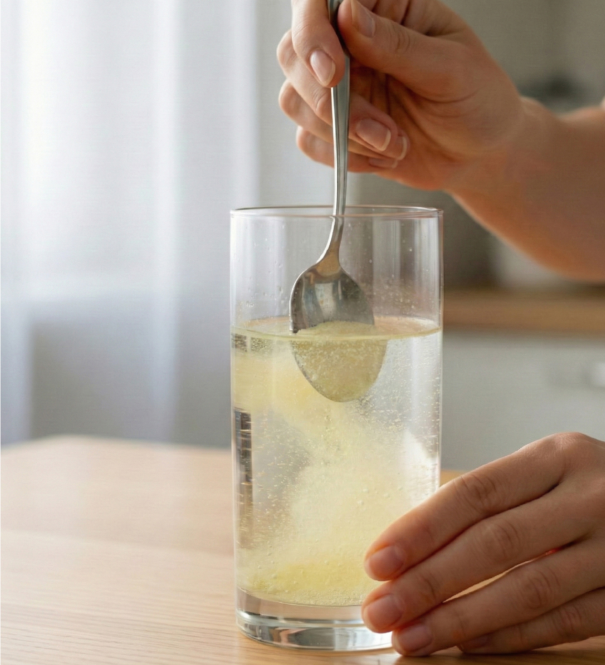 Person smiling while holding a glass of a light-colored beverage.