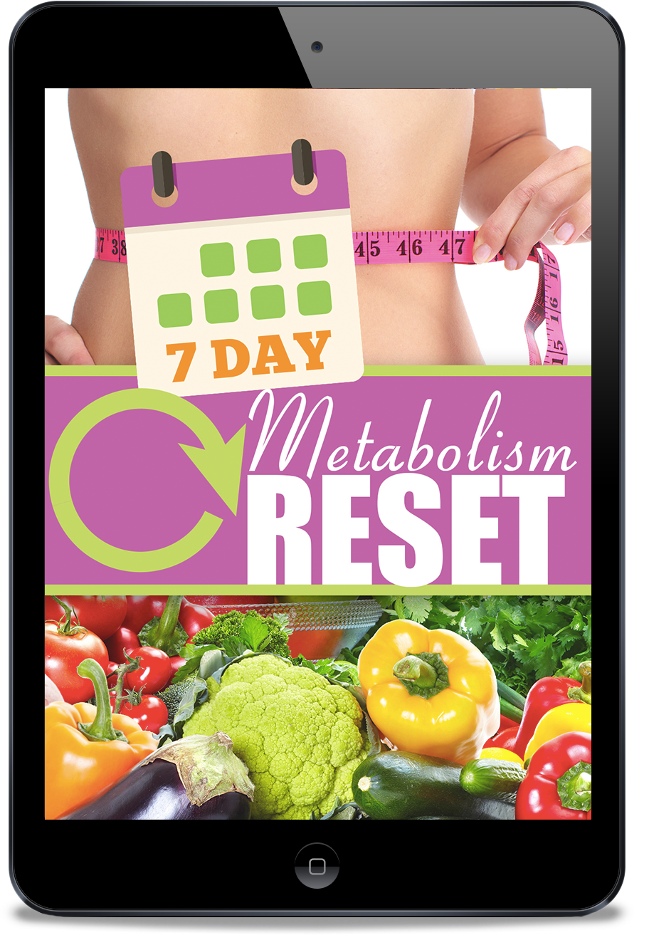 A tablet displaying a '7 Day Metabolism Reset' graphic with a woman measuring her waist and fresh vegetables.