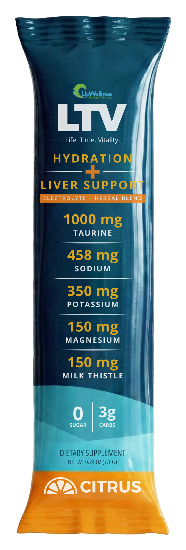 Pack of dietary supplement labeled 'LTV Hydration + Liver Support, Citrus flavor.'