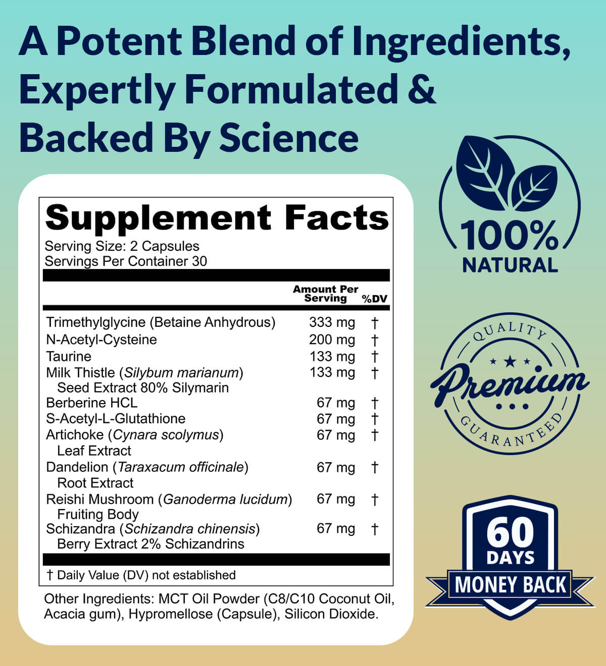 An image showing the supplement facts for a product, including ingredients and amounts per serving, alongside quality guarantee badges.