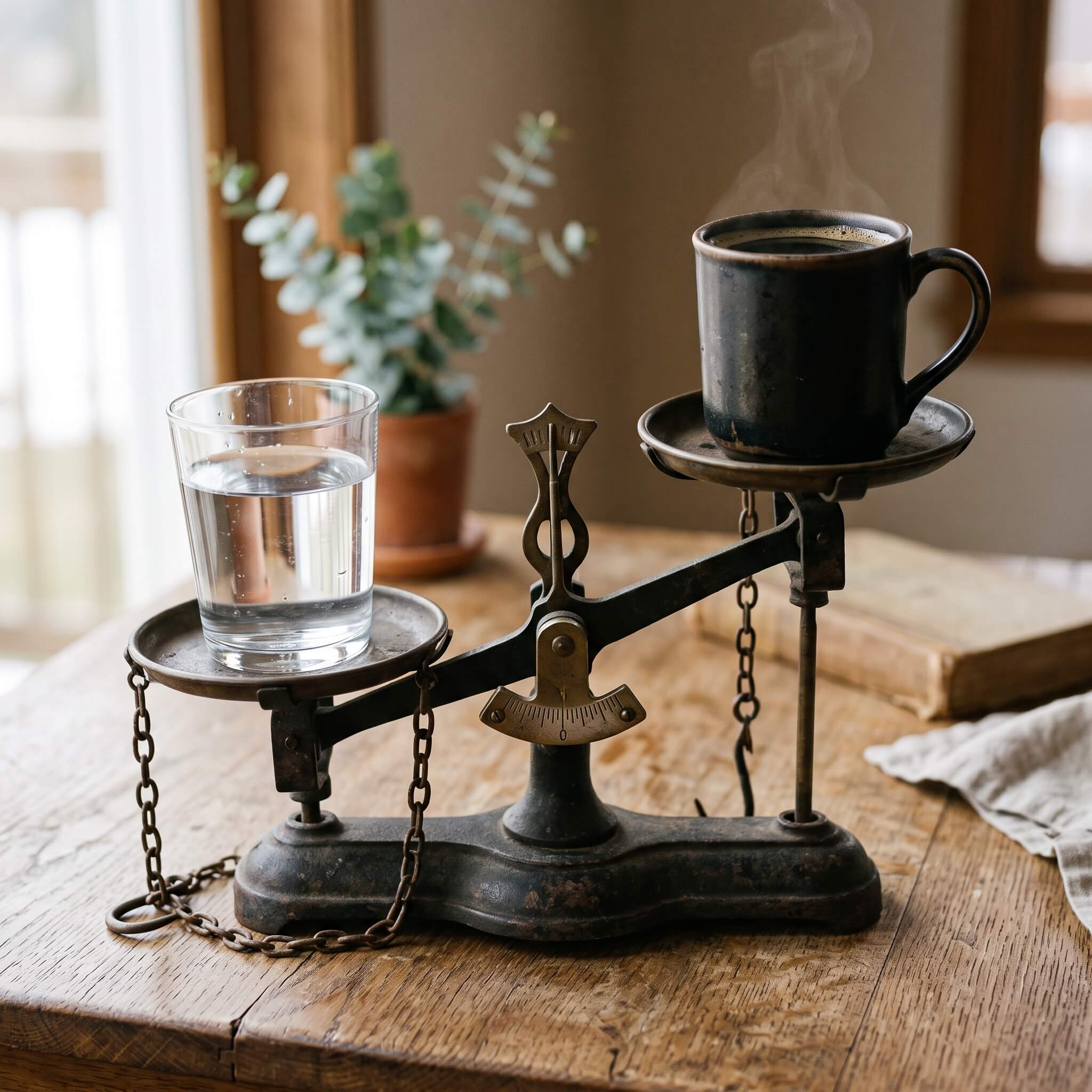 A vintage scale on a wooden table holds a glass of water and a steaming mug of coffee.