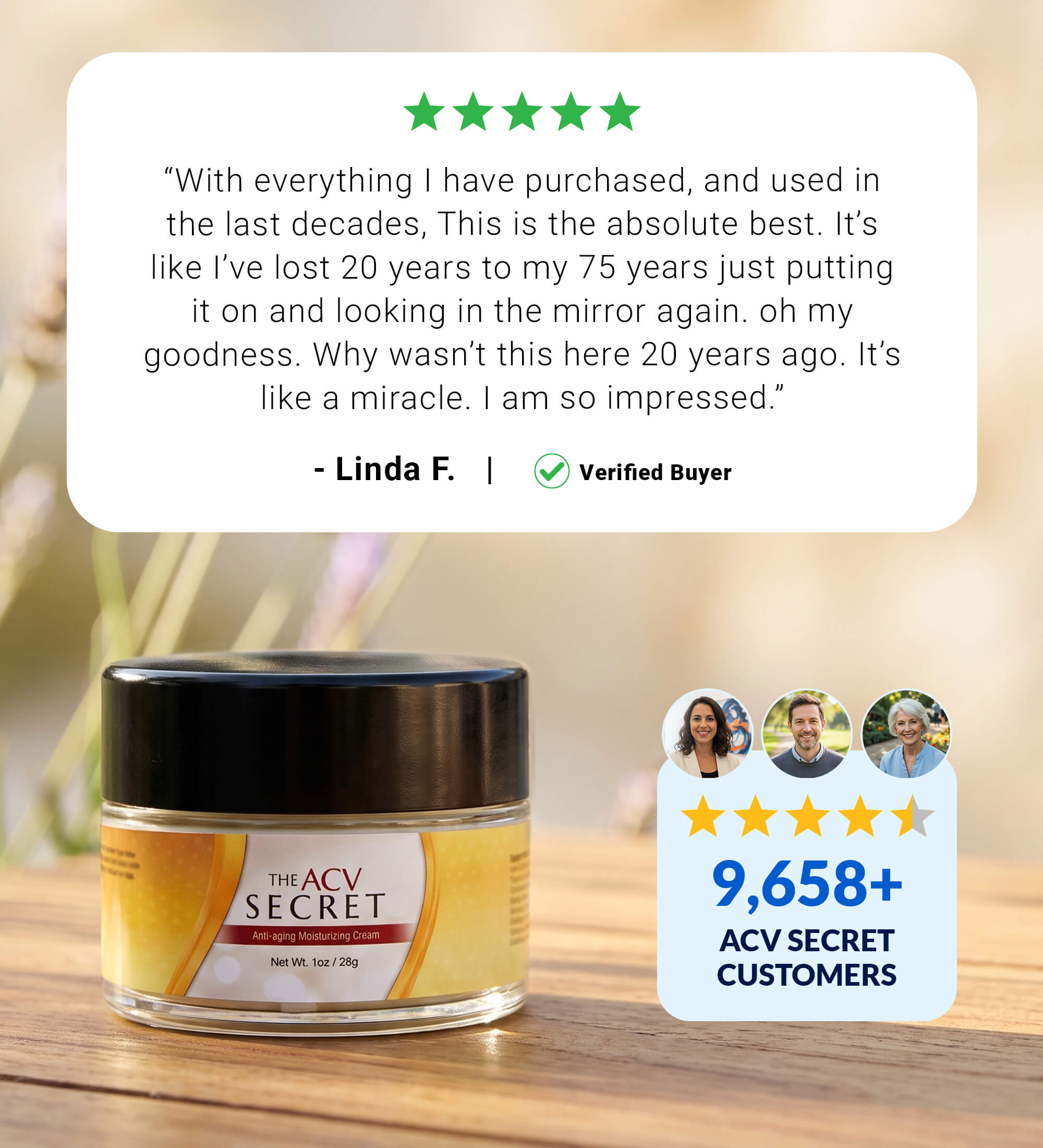 A jar of Manuka Miracle honey formula on a wooden surface with customer testimonials and star ratings.