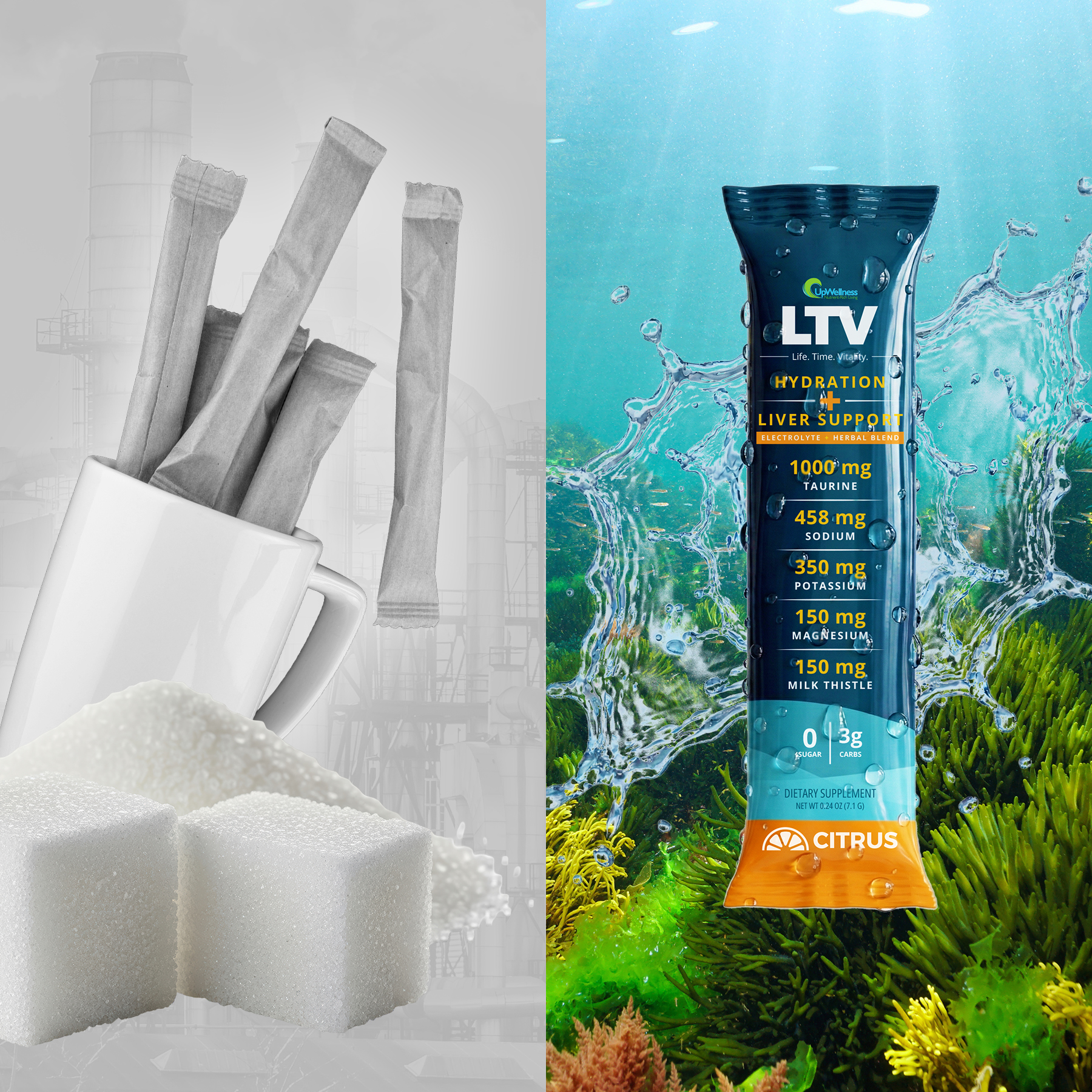 Hydration liver support supplement on wooden surface, person with surfboard in background.