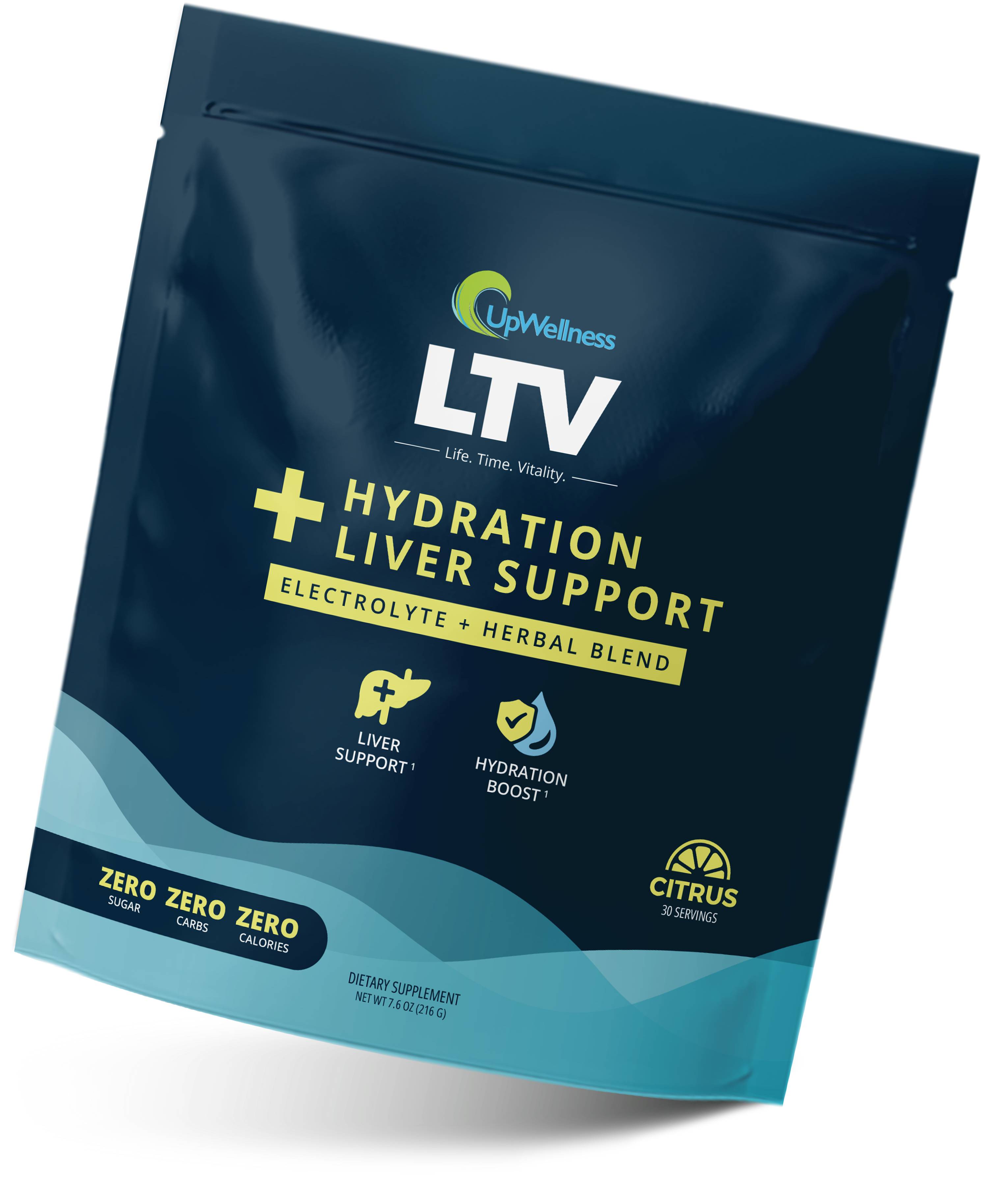 A dark blue pouch of UpWellness LTV Hydration Liver Support, a citrus-flavored dietary supplement.