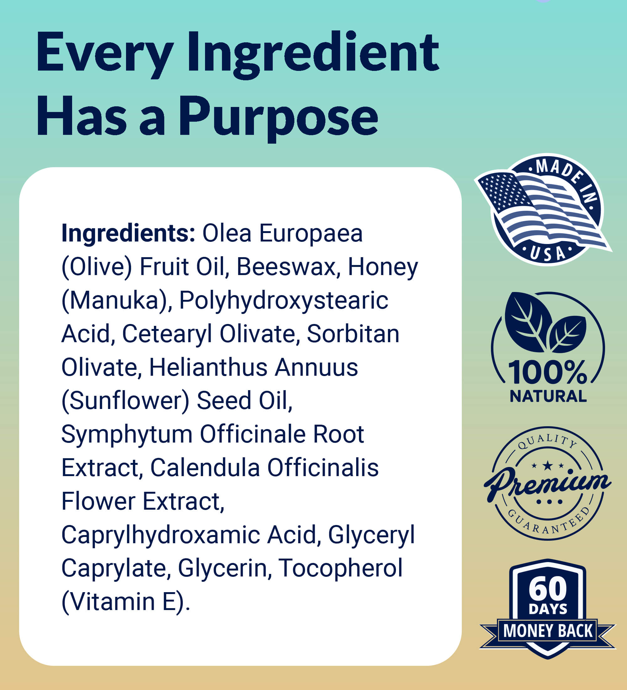 An image showing a product's ingredient list and badges for 'Made in USA' and '100% Natural'.