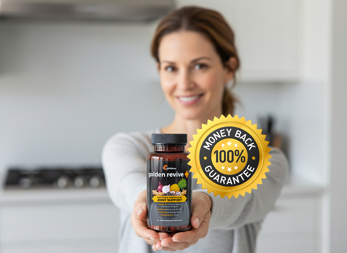 Bottle of Golden Revive+ capsules with turmeric, onion, pineapple, and money-back guarantee logo.