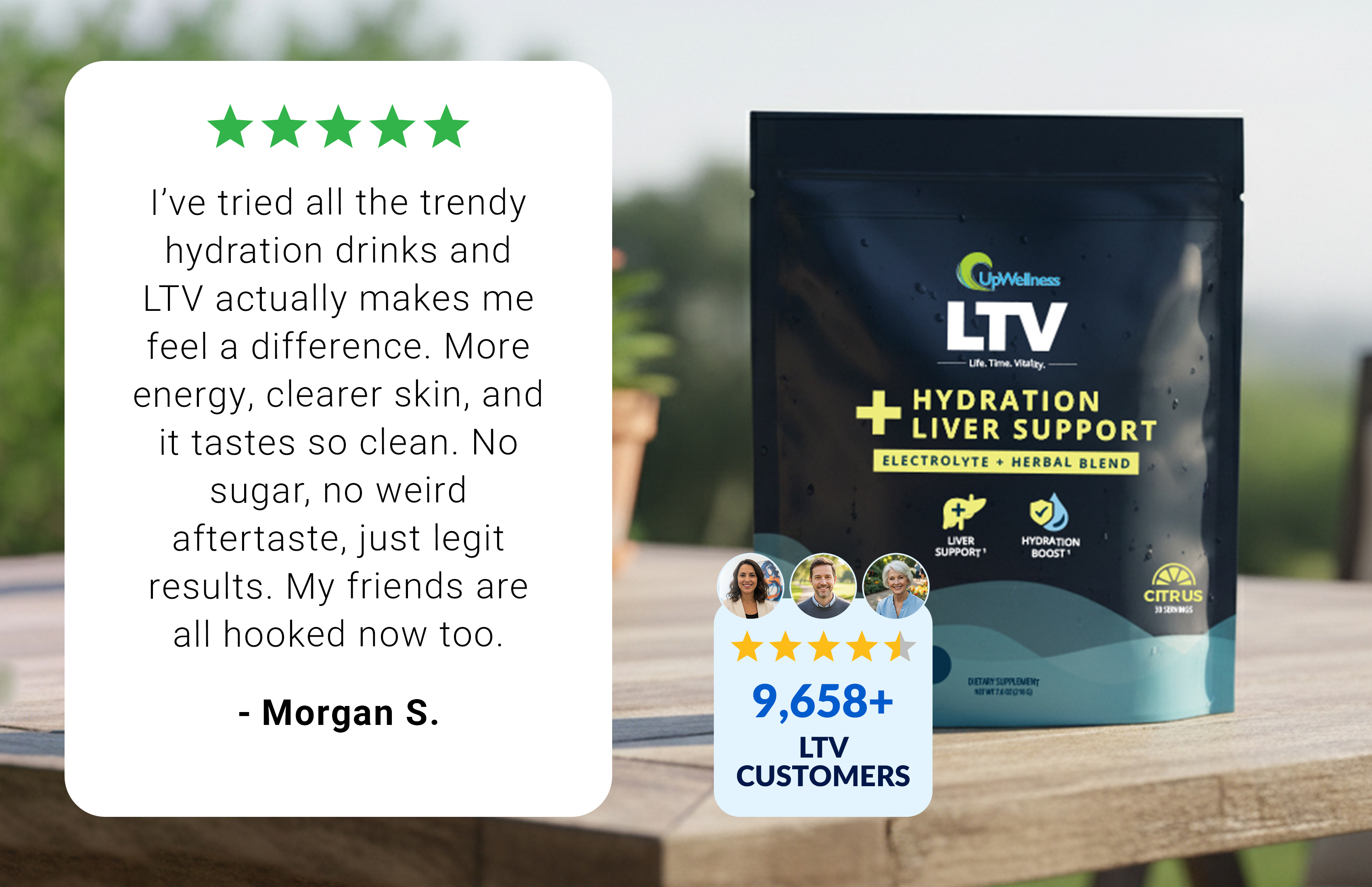 Product package with text overlay and customer reviews.