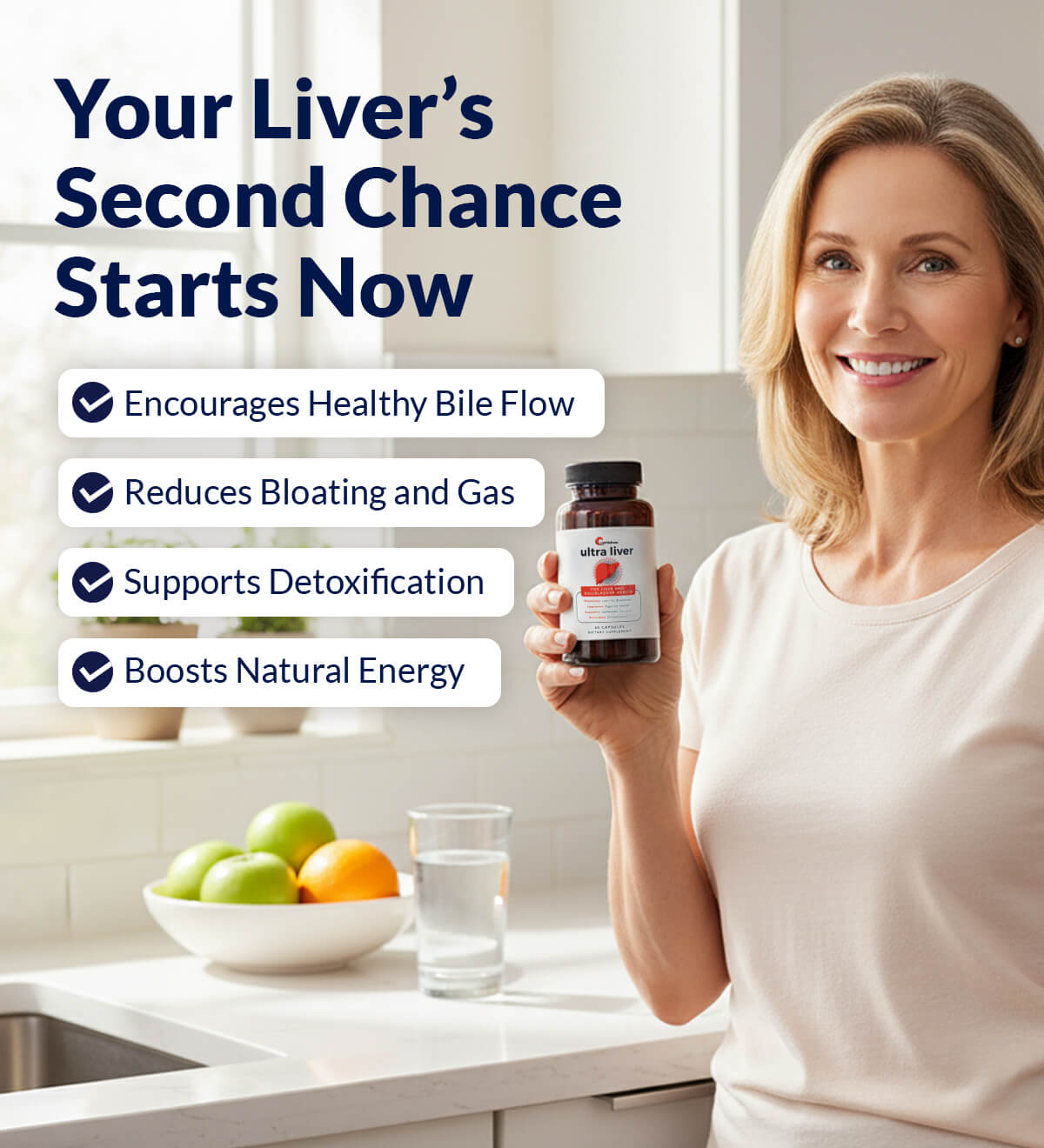 A smiling woman in a kitchen holds up a bottle of Ultra Liver supplements.