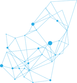 Abstract geometric network with blue lines and nodes on a transparent background.
