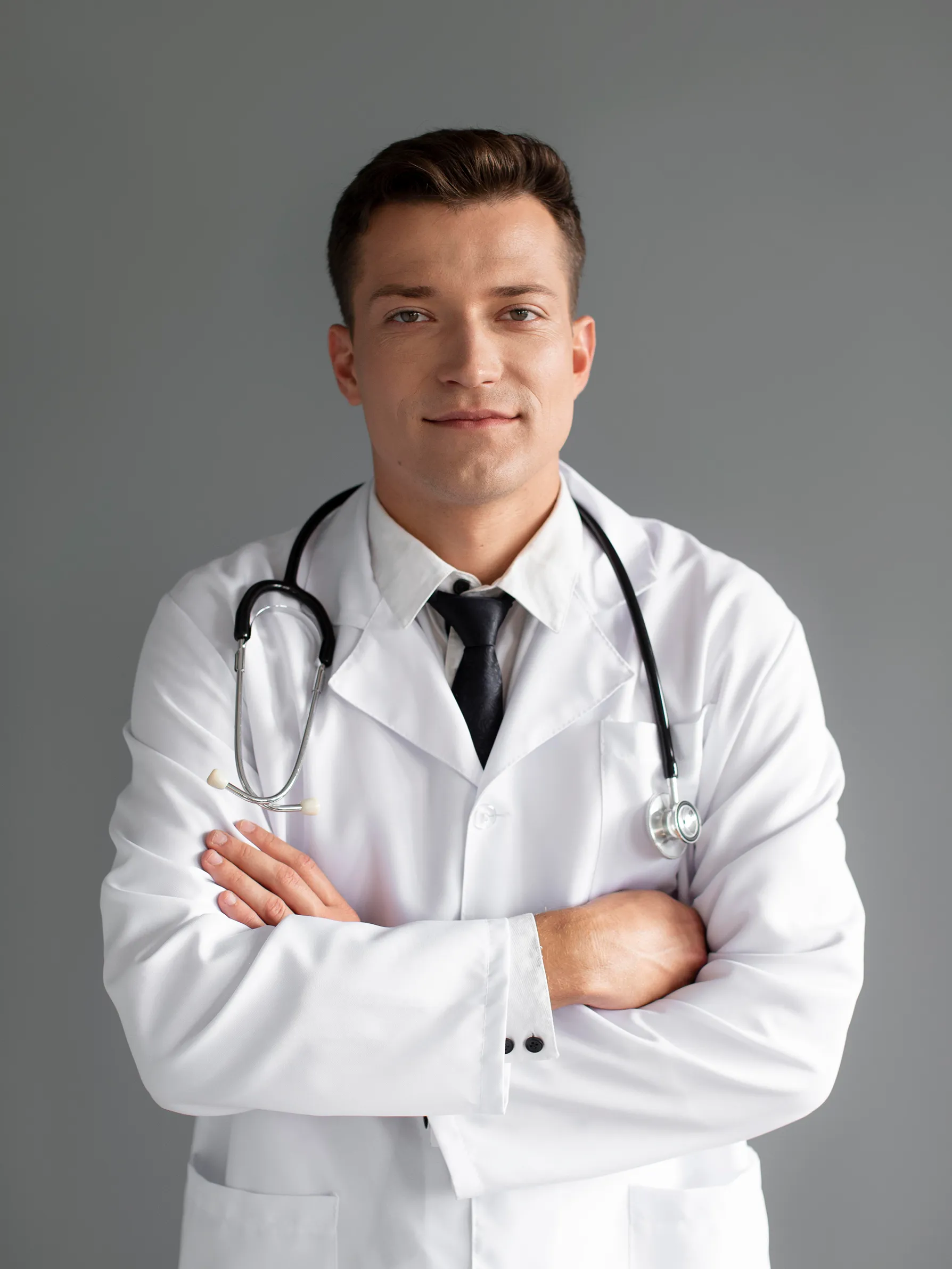 Man in a white coat with stethoscope, arms crossed.