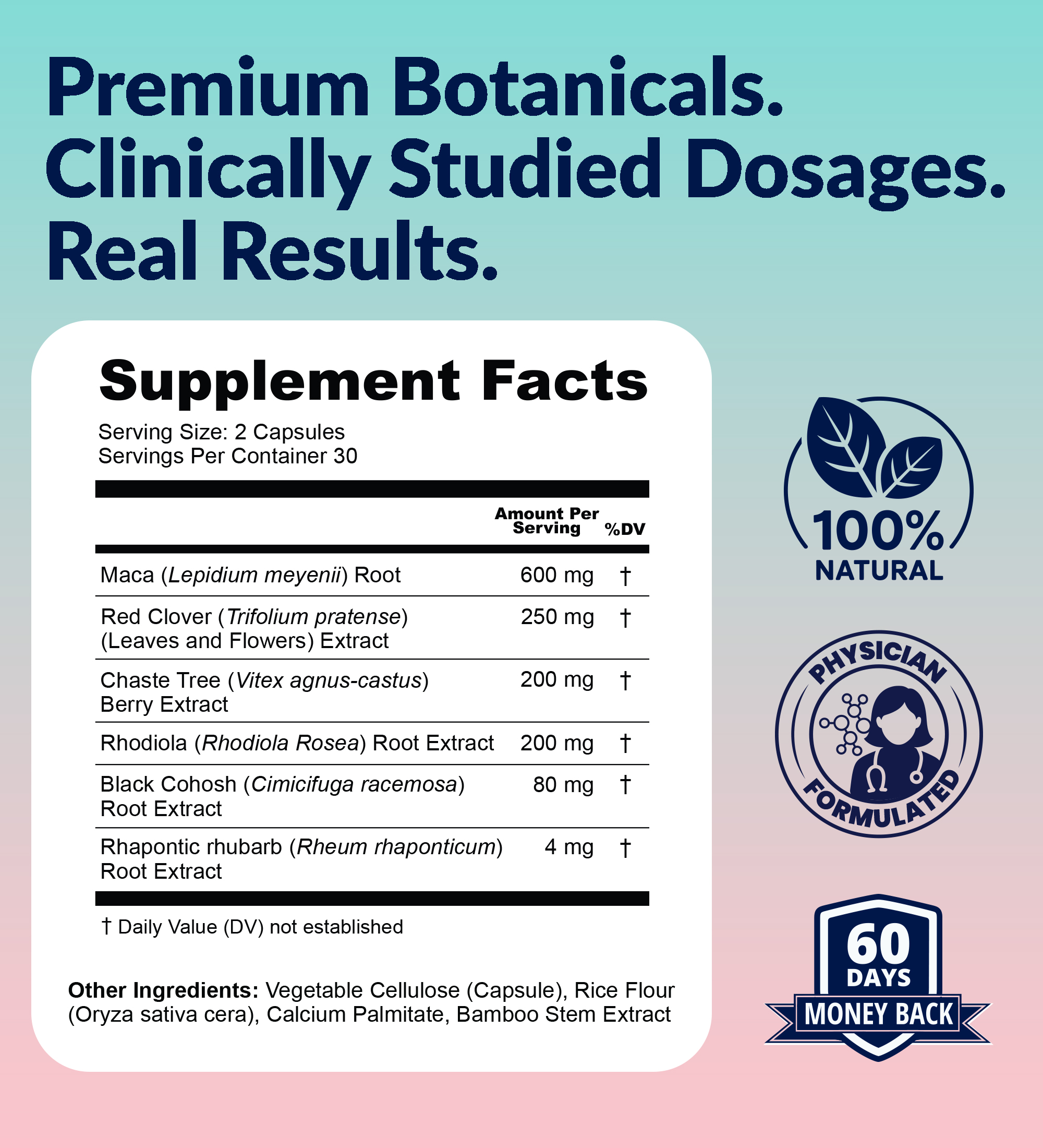 Supplement facts with text about minerals, botanicals, and guarantees.