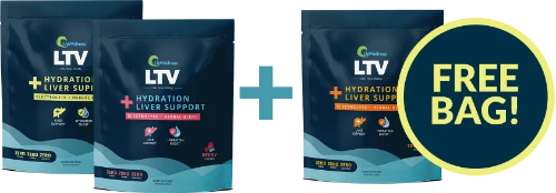 Three bags of LTV Hydration Liver Support supplement with a plus sign and a 'Free Bag!' sticker.