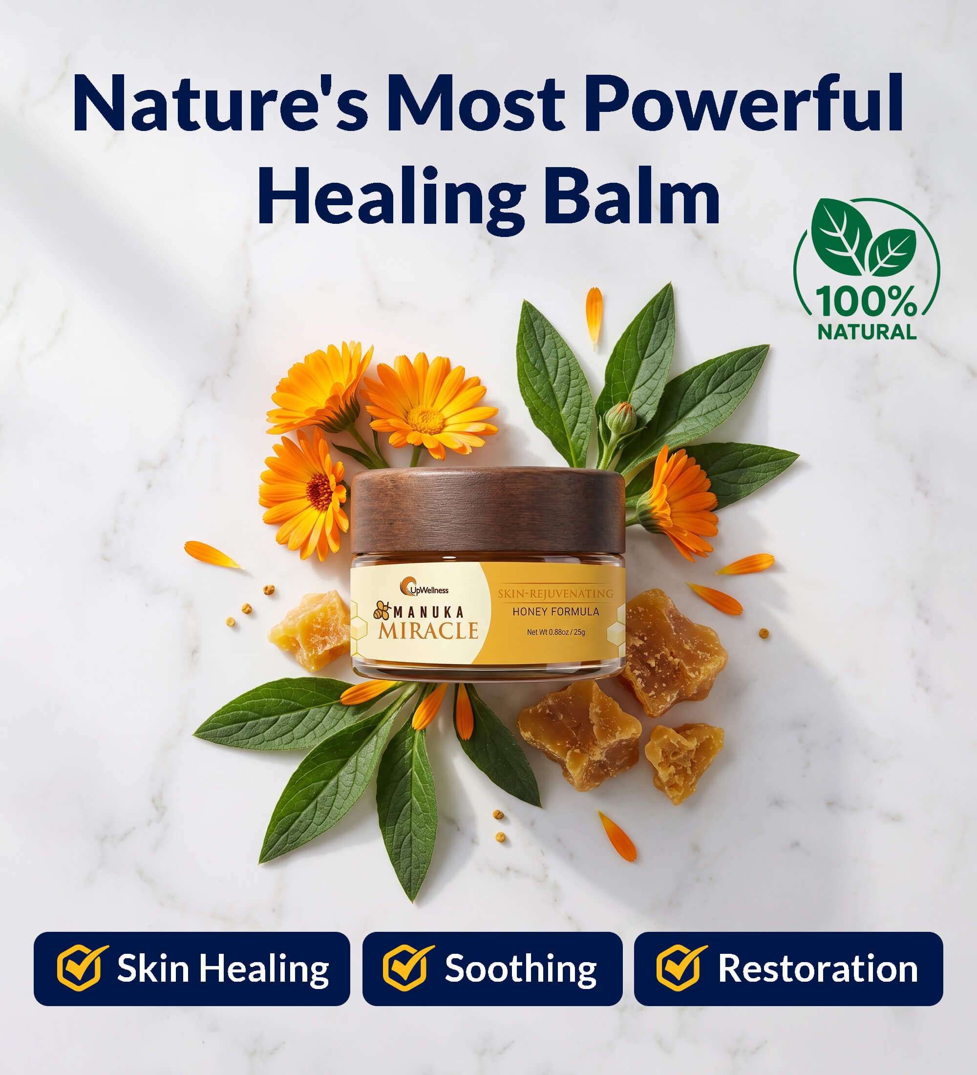 A jar of Manuka Miracle healing balm surrounded by orange flowers and honeycomb on a marble surface.