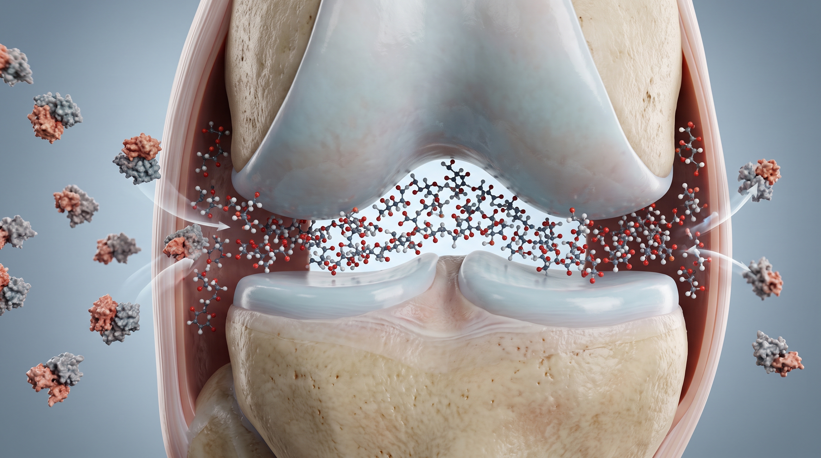 A medical illustration showing molecules entering the space between the bones and cartilage of a knee joint.