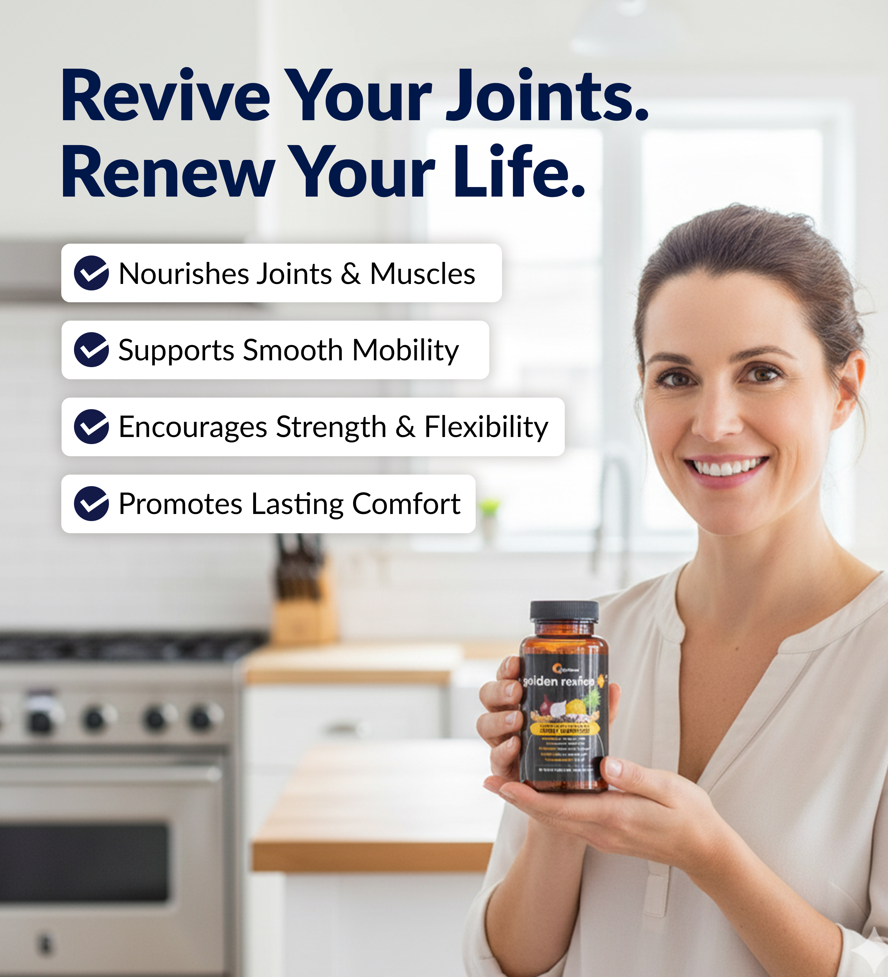 Woman holding a supplement bottle in a kitchen, with joint health benefits listed.