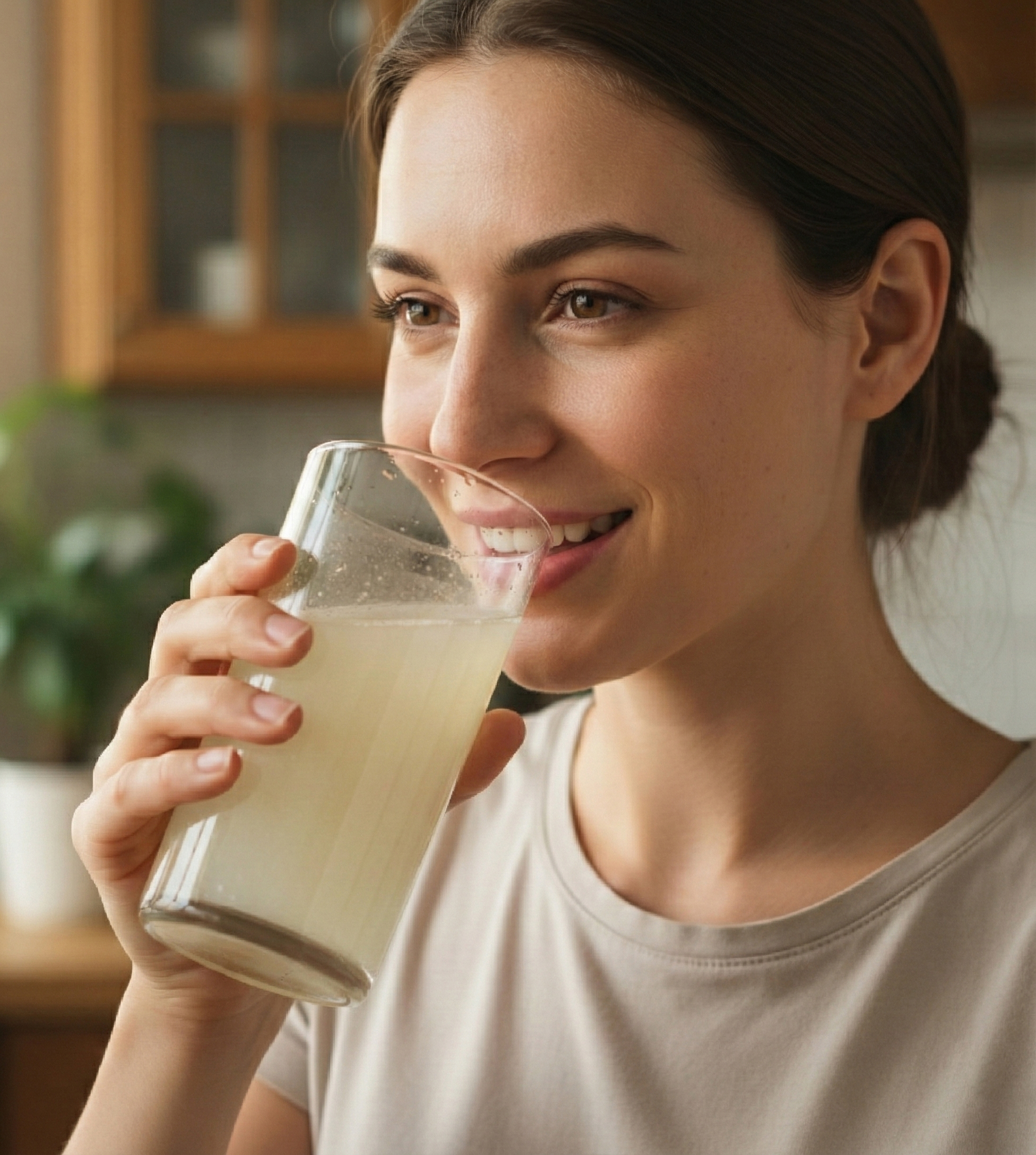 A smiling young woman with brown hair tied back drinks a beverage from a clear glass.