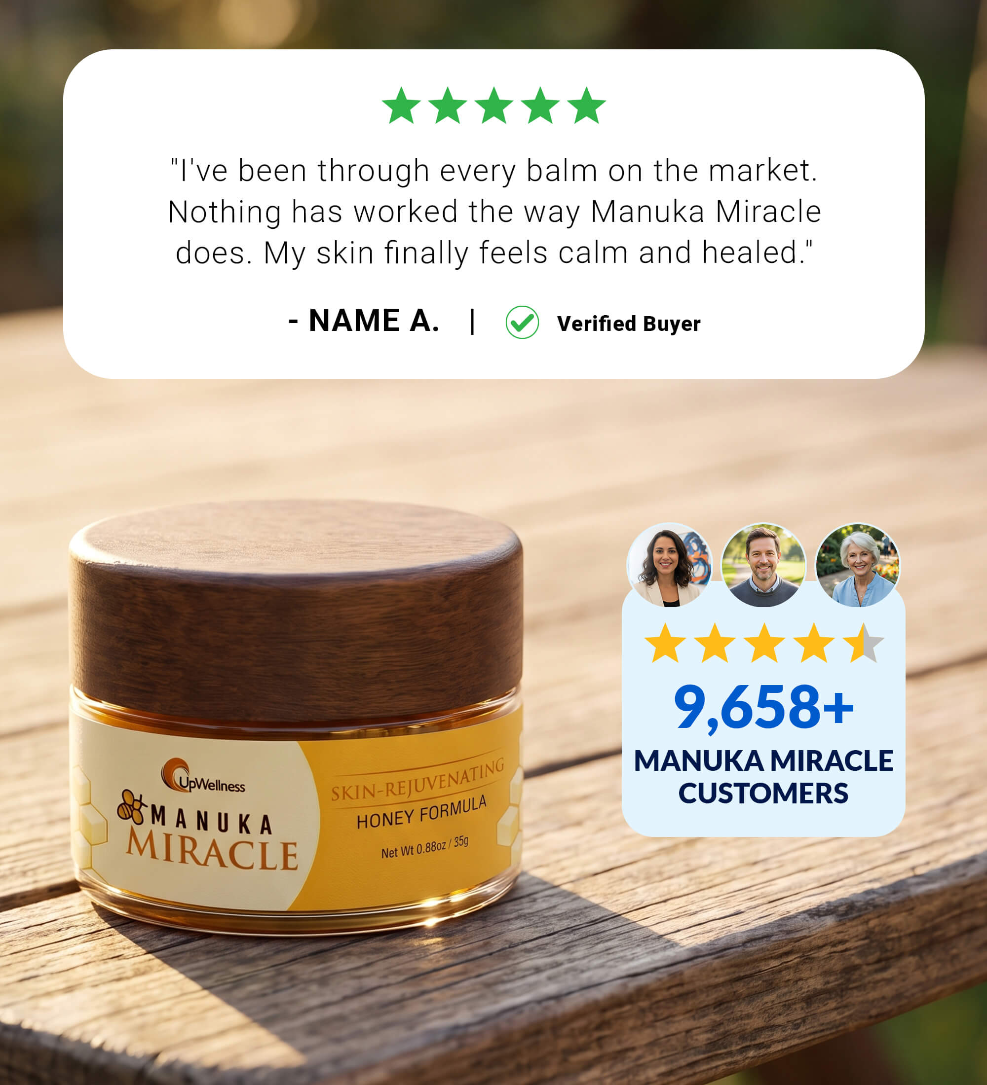 A jar of Manuka Miracle honey formula on a wooden surface with customer testimonials and star ratings.