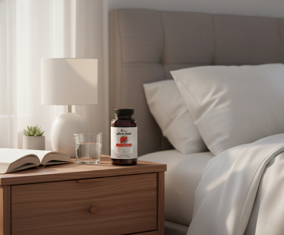 Illustration of a liver with red targeting circles on a human body.