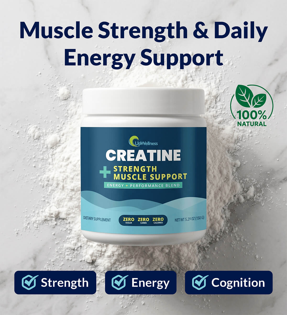 A tub of UpWellness Creatine Strength + Muscle Support supplement sitting in a pile of white powder.
