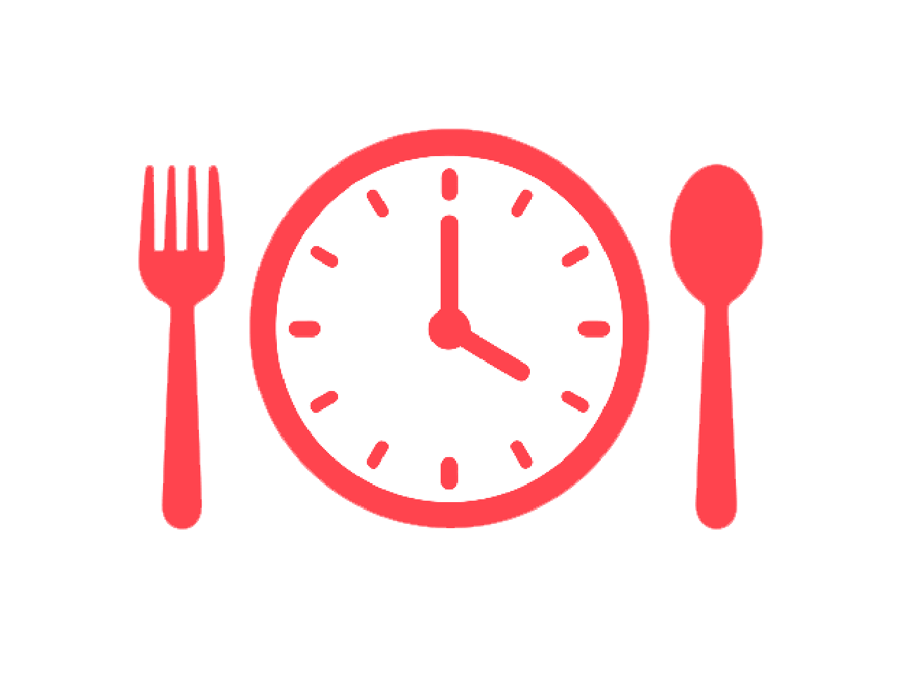 A red icon showing a clock between a fork and a spoon, signifying mealtime.